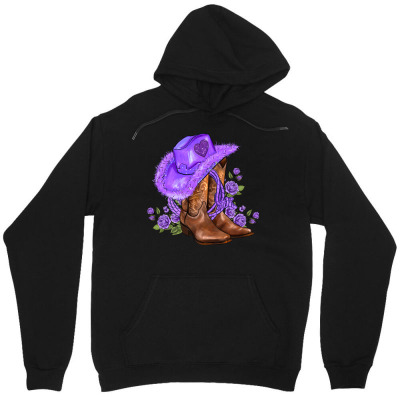 Tailorly Men's Printed Hoodie - Purple Blossoms With Cowboy Hat Amongst Wildflowers Boots