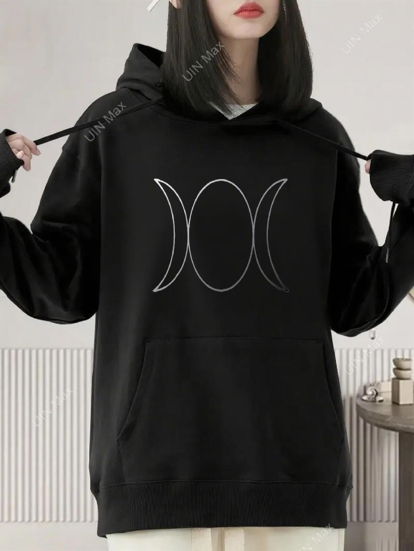 Tailorly Women's Printed Hoodie - Mystic Crescent Shapes In Minimalist Linework With Black Hooded Sweatshirt