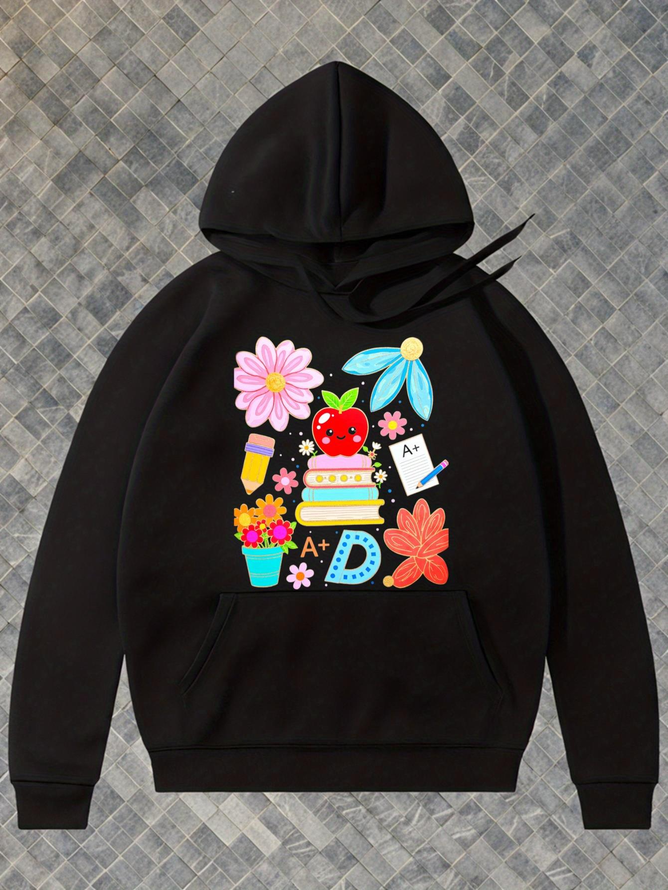 Tailorly Men's Printed Hoodie - Colorful Flowers And Books With Whimsical School Supplies Motif Hoodie