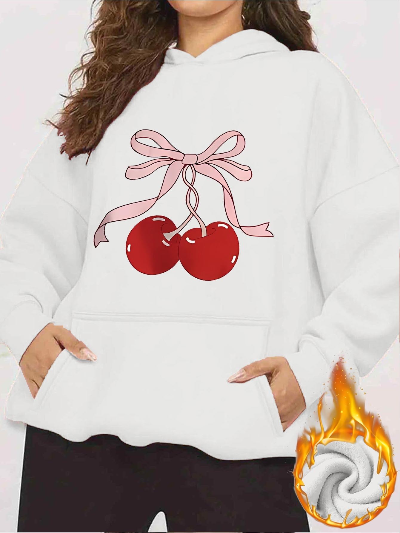 Tailorly Women's Printed Hoodie - Sweet Pink Ribbon Tied On Juicy Red Cherry Fruit