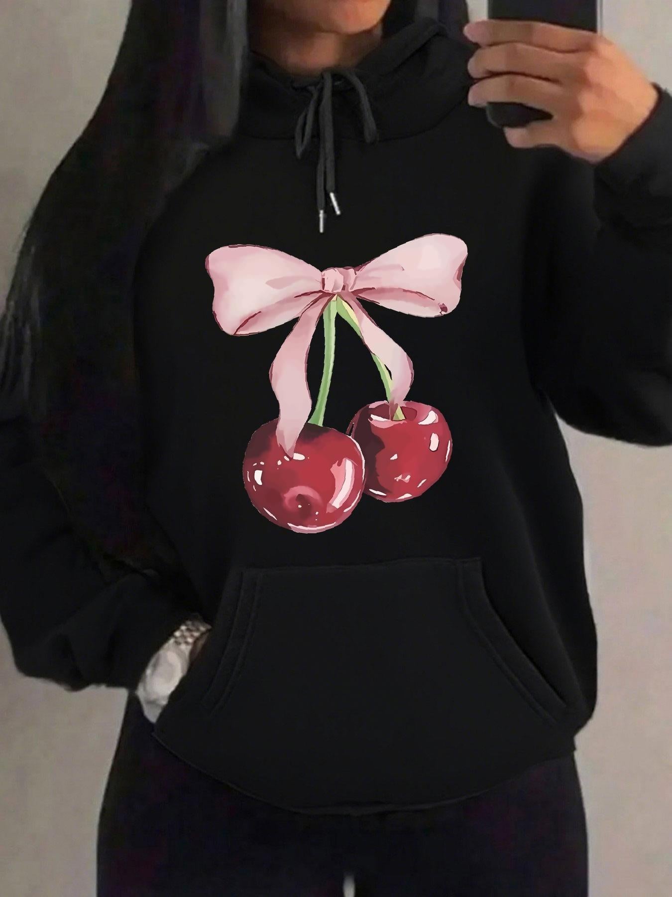 Tailorly Women's Printed Hoodie - Glossy Red Cherries With Pink Ribbon Hanging On Black Hoodie Cherry