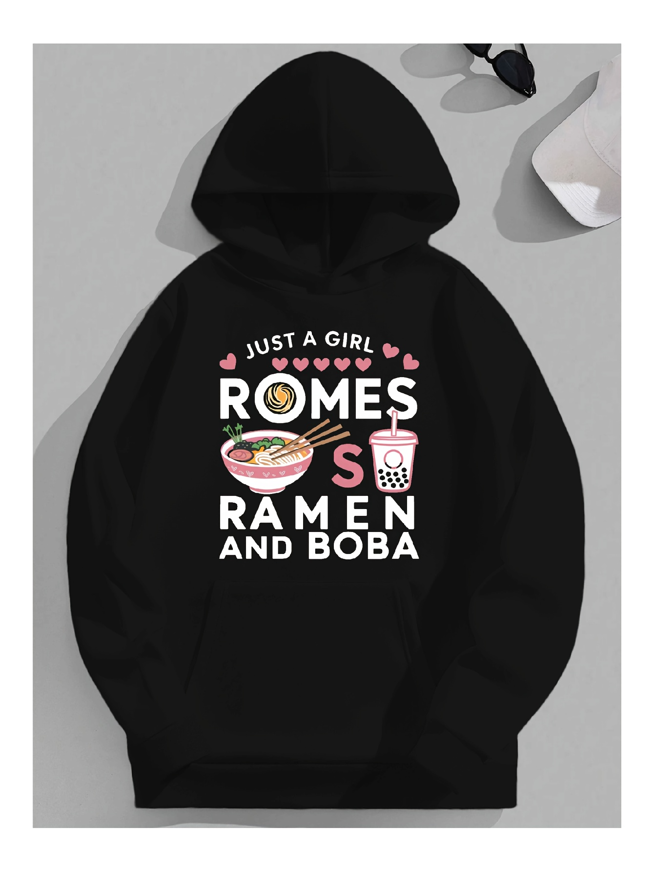 Tailorly Men's Printed Hoodie - Just A Girl Surrounded By Hearts With Ramen Egg And Boba Cup