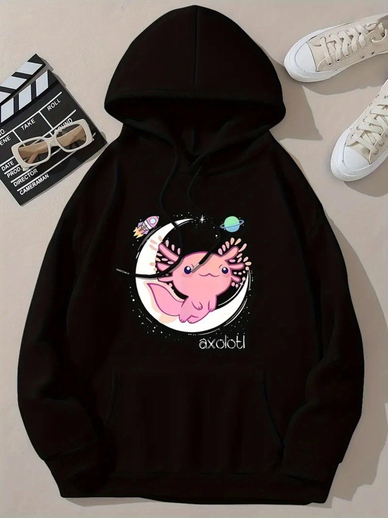 Tailorly Women's Printed Hoodie - Axolotl Floating In Space With Planets And Stars Surrounding An Adorable Axolotl