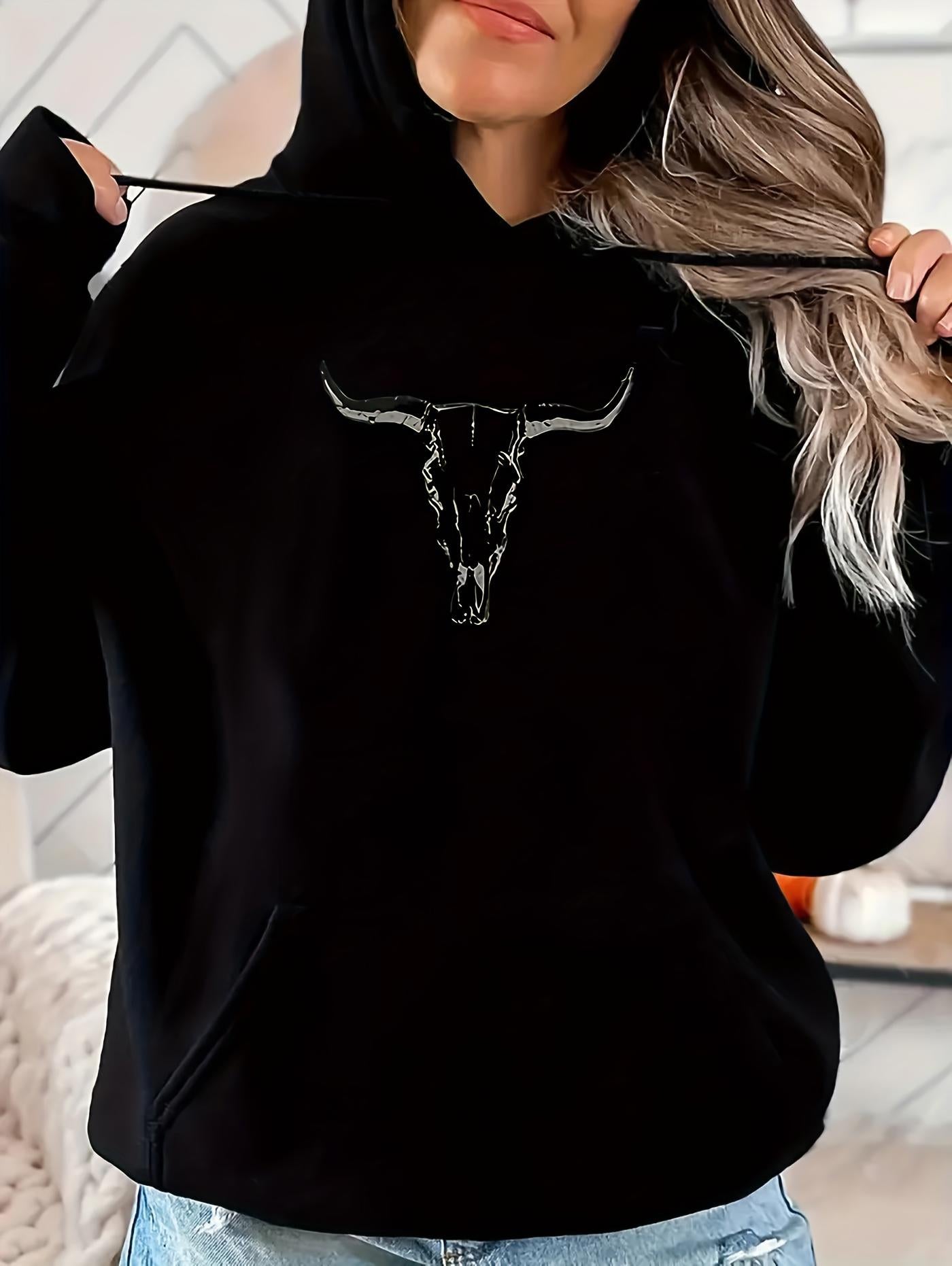 Tailorly Women's Printed Hoodie - Rustic Monochrome Art With Longhorn Skull Under Soft Lighting Bull