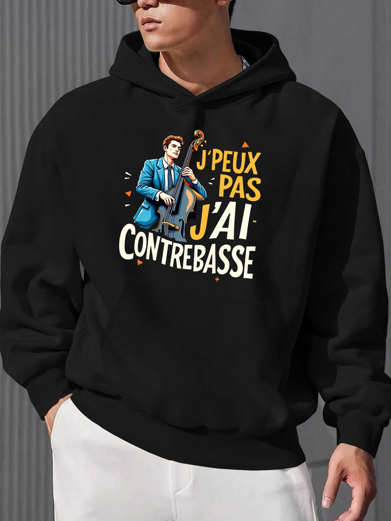 Tailorly Men's Printed Hoodie - Elegant Jazz Musician With Blue Suit Holding Contrabass Instrument