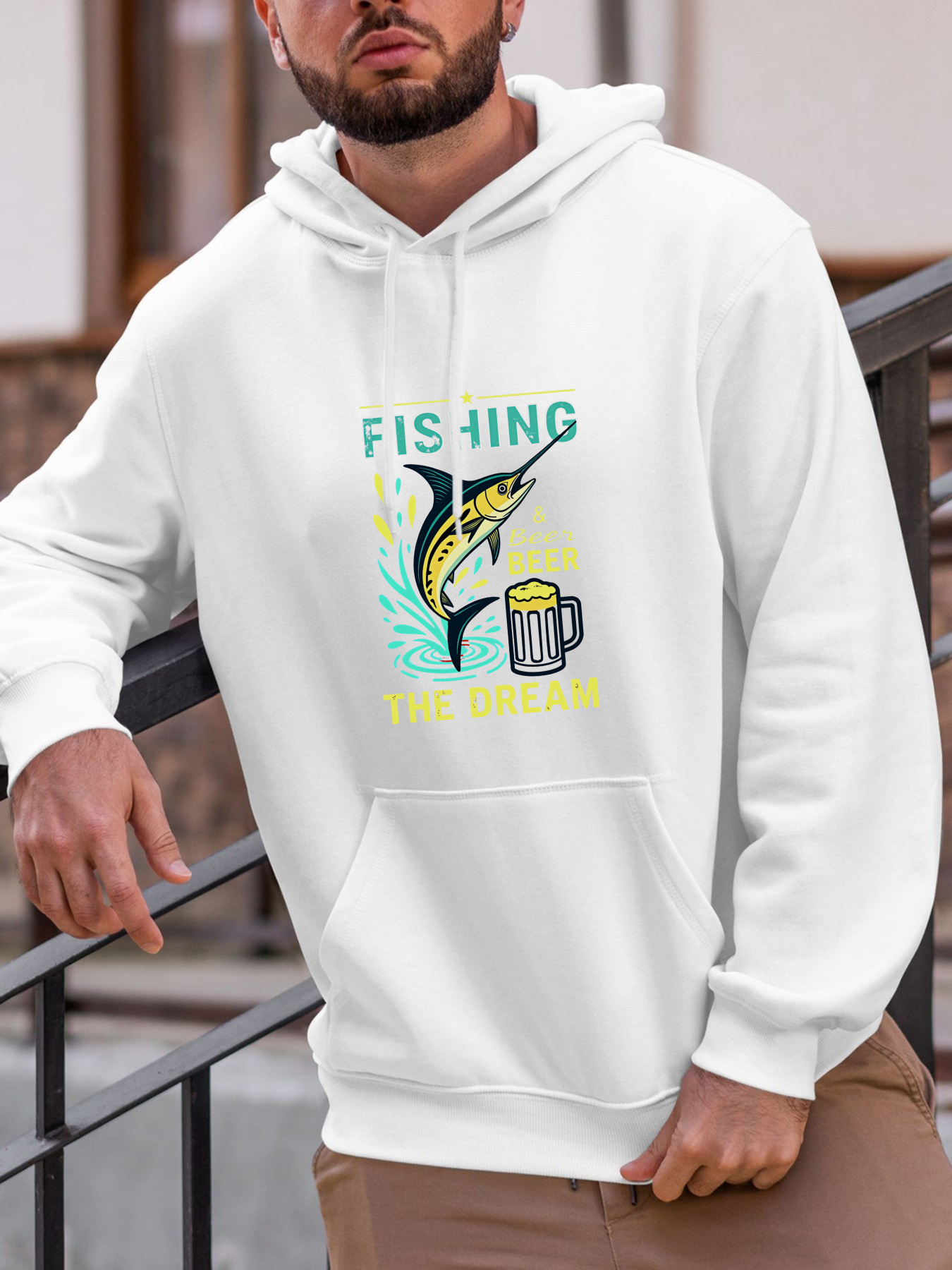 Tailorly Men's Printed Hoodie - Fishing Fun With Splashing Water And Beer Mug Fish