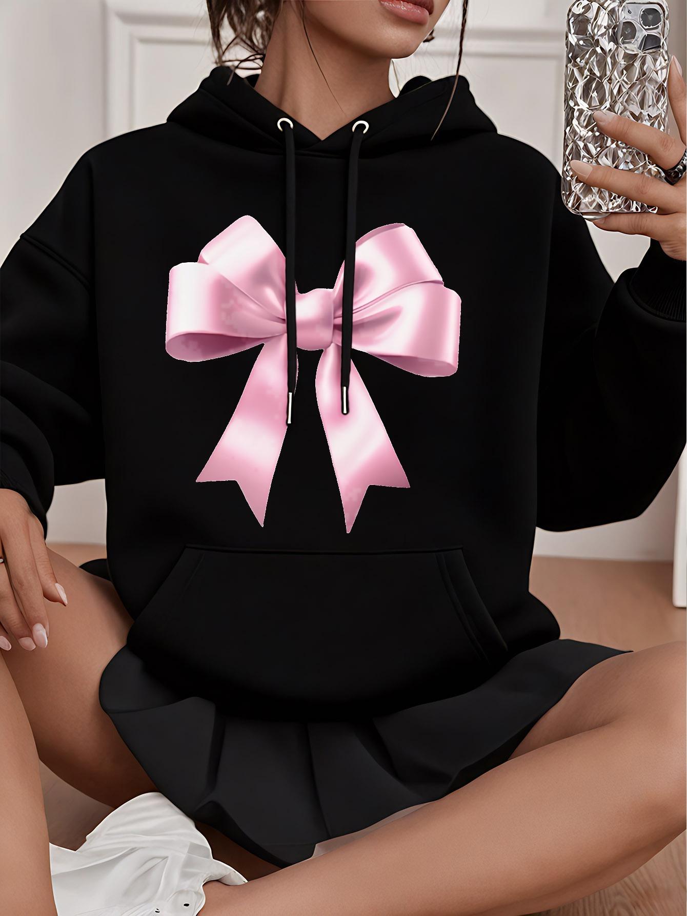 Tailorly Women's Printed Hoodie - Shiny Pink Ribbon Bow With Delicate Highlights On Black Hooded Sweatshirt