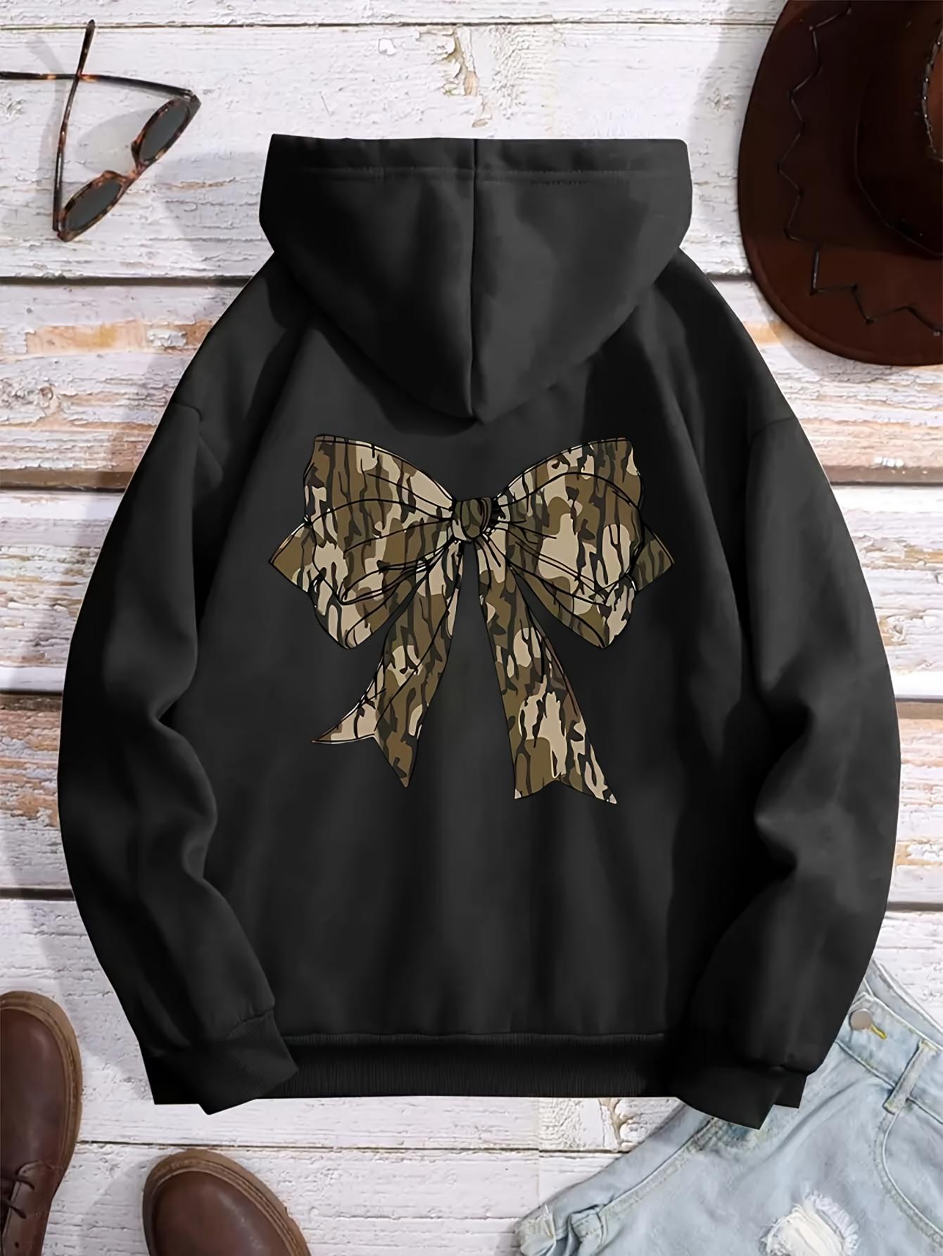 Tailorly Women's Printed Hoodie - Camo Patterned Ribbon With Flowing Tails Over Plain Fabric Bow