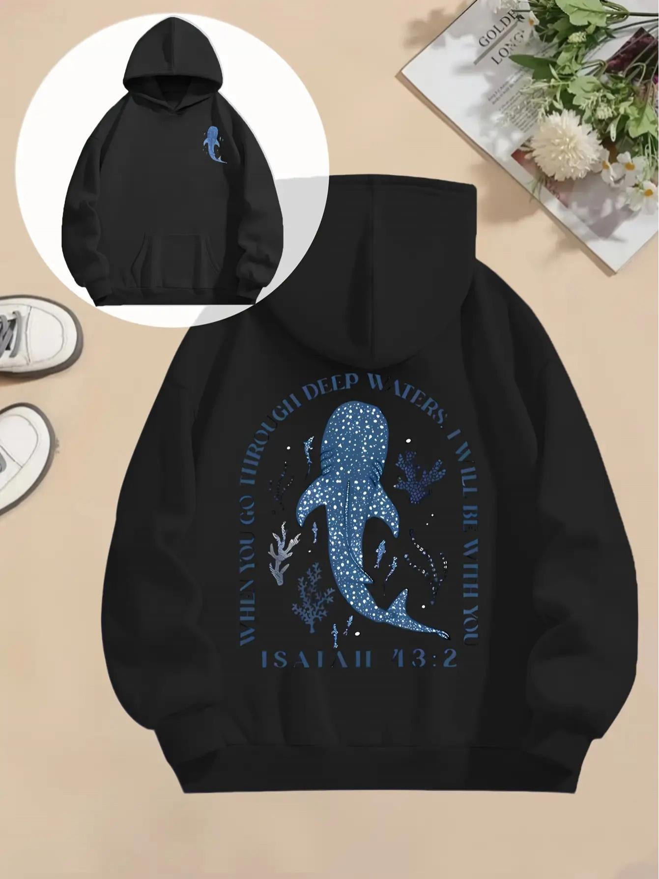 Tailorly Women's Printed Hoodie - Mysterious Underwater Night With Sparkling Blue Whale Shark