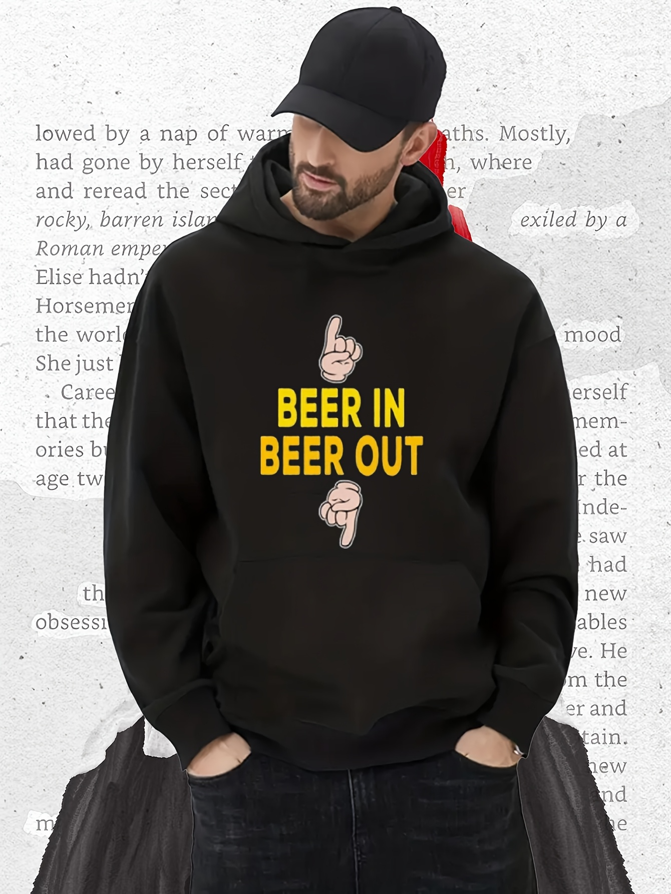 Tailorly Men's Printed Hoodie - Beer In Beer Out With Playful Hand Gesture Symbols Hoodie