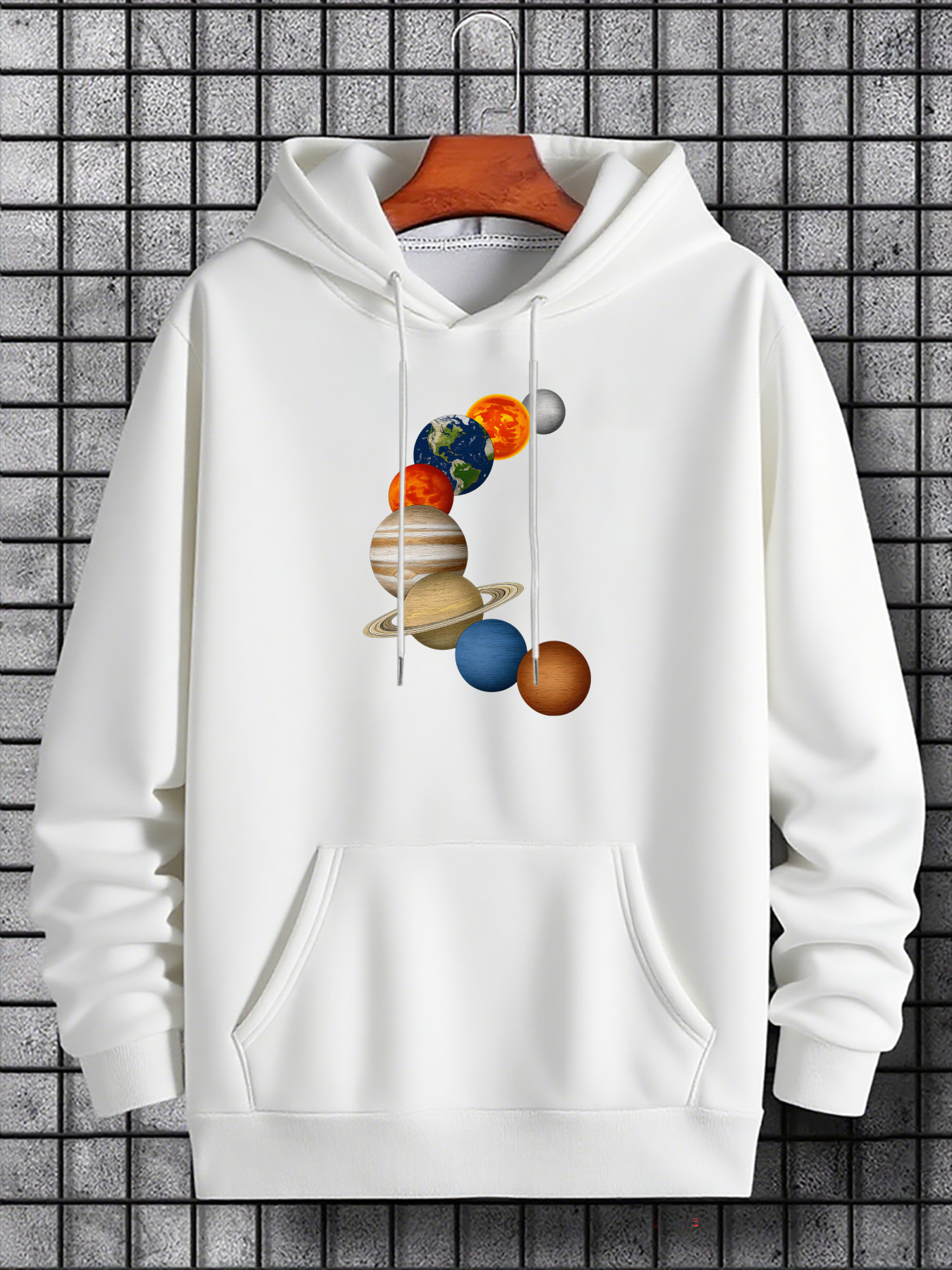 Tailorly Men's Printed Hoodie - Colorful Planets Arranged Vertically With Space Inspired Design Planets