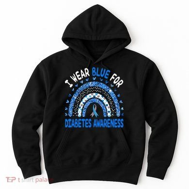 Tailorly Men's Printed Hoodie - I Wear Blue For Diabetes Awareness Rainbow With Patterned Blue Stripes And Small Heart