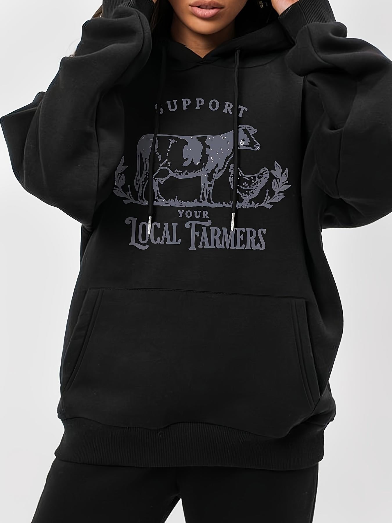 Tailorly Women's Printed Hoodie - Support Your Local Farmers Grazing Cows Among Pastoral Scenic Wildflowers Livestock Field
