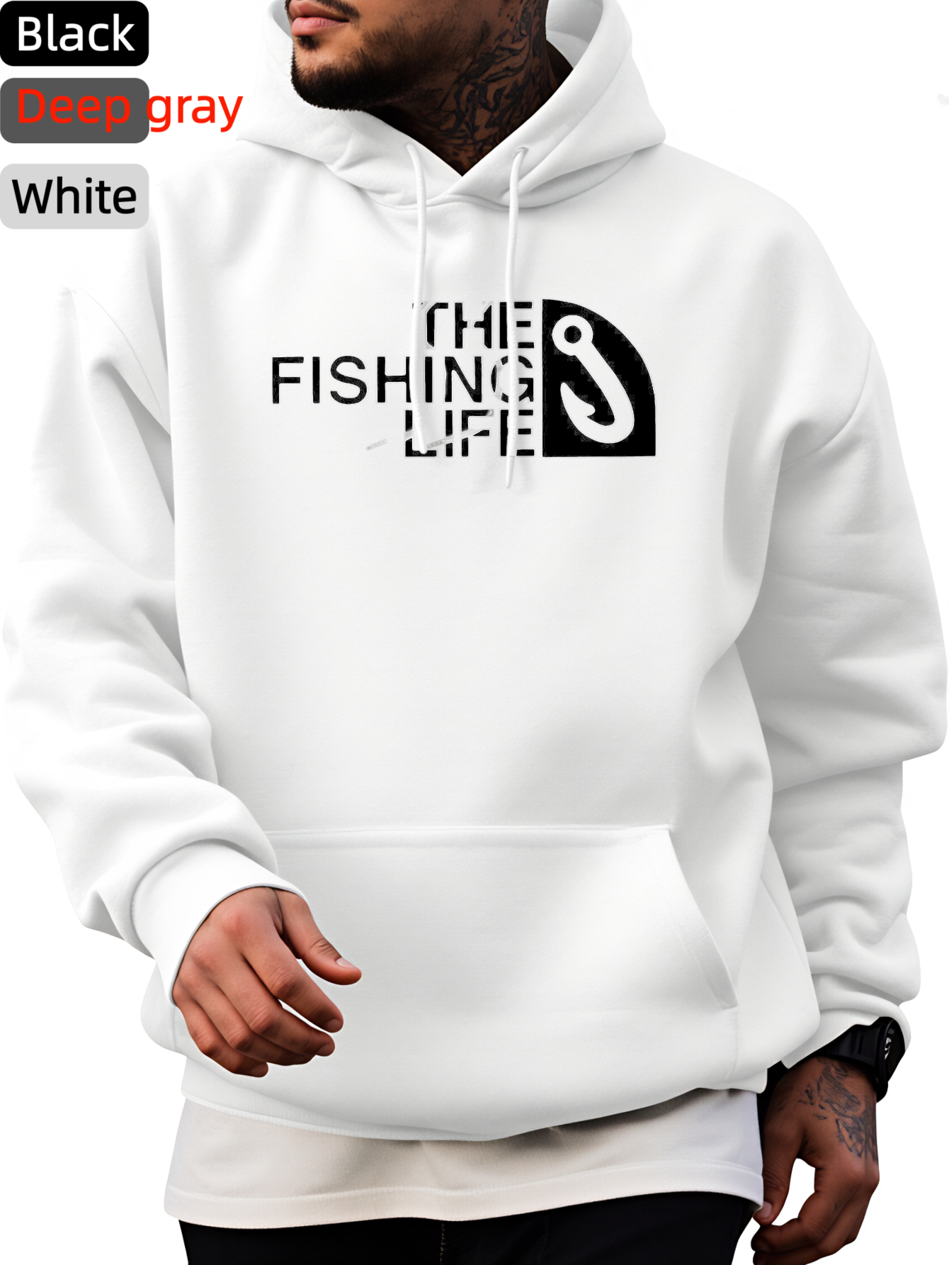 Tailorly Men's Printed Hoodie - The Fishing Life Minimalist Modern Illustration Featuring Hook White Hoodie