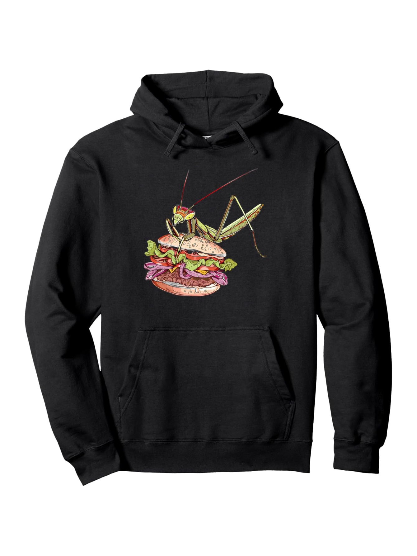 Tailorly Men's Printed Hoodie - Giant Grasshopper Sitting On Colorful Burger Surrounded By Lettuce