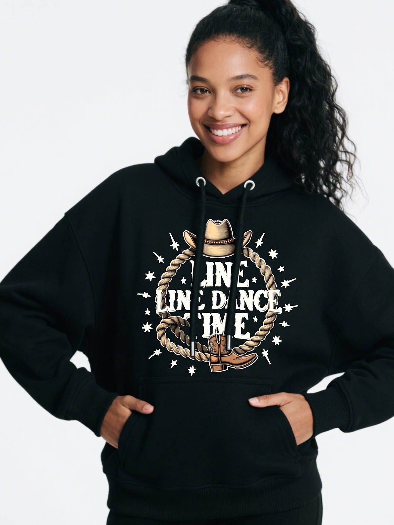 Tailorly Women's Printed Hoodie - Rope Hat Boots With Western Stars Surrounding Line Dance Time