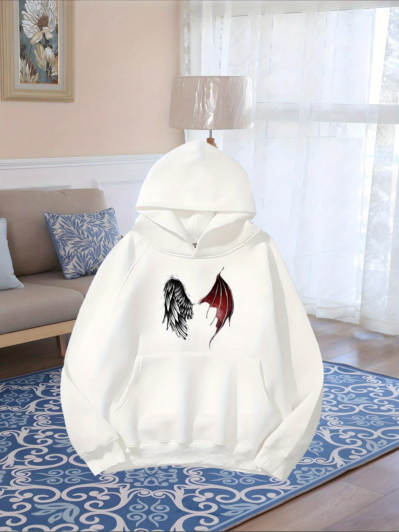 Tailorly Women's Printed Hoodie - Contrasting Angel And Demon Wings With Ethereal Shadows Among White Cloth Hoodie
