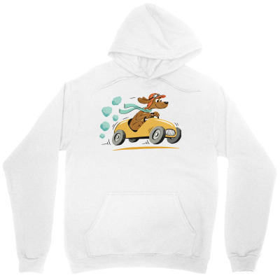 Tailorly Women's Printed Hoodie - Speeding Under Blue Bubbles In Yellow Convertible Car Dog