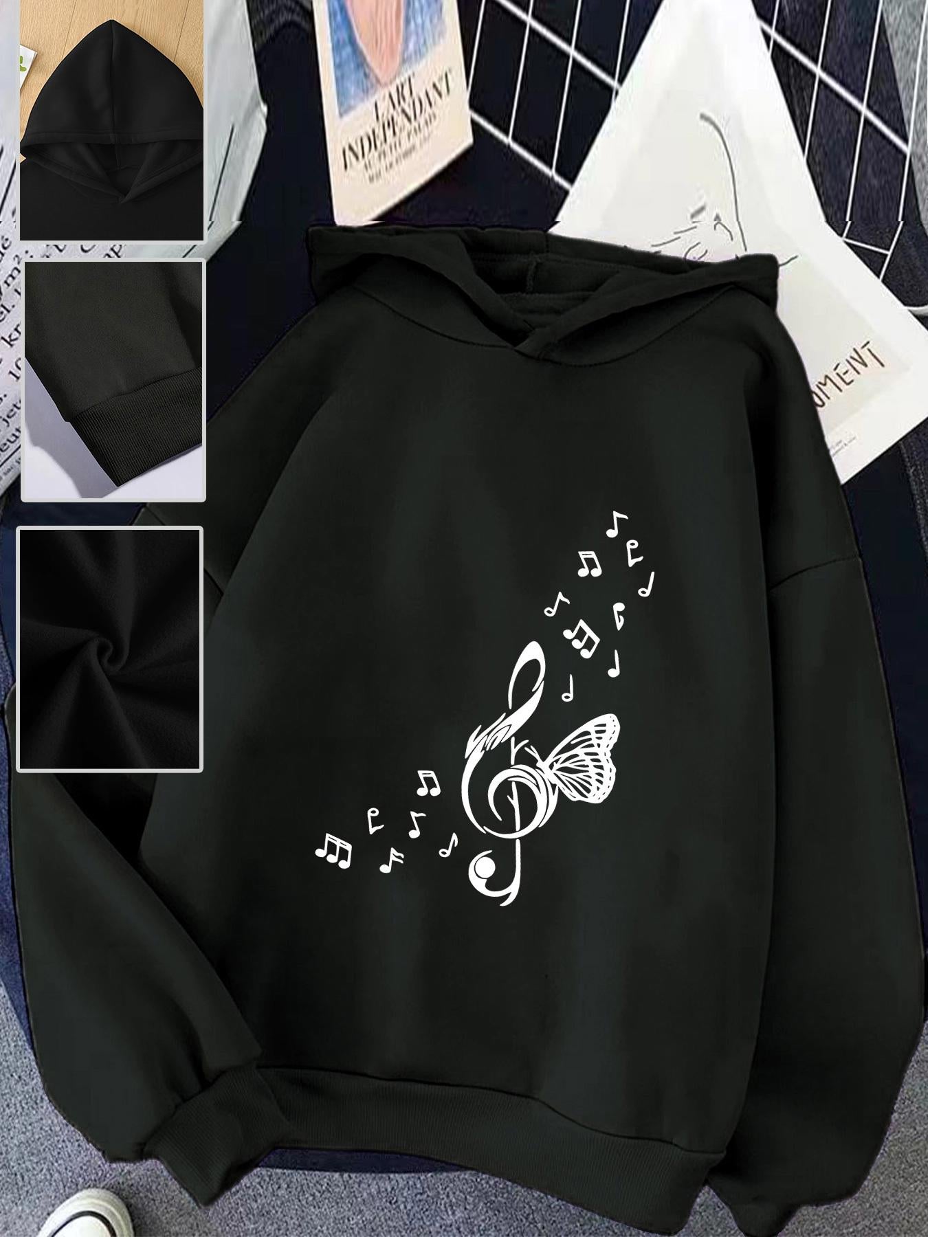 Tailorly Women's Printed Hoodie - Flowing Musical Notes With Elegant Treble Clef Pattern Hoodie