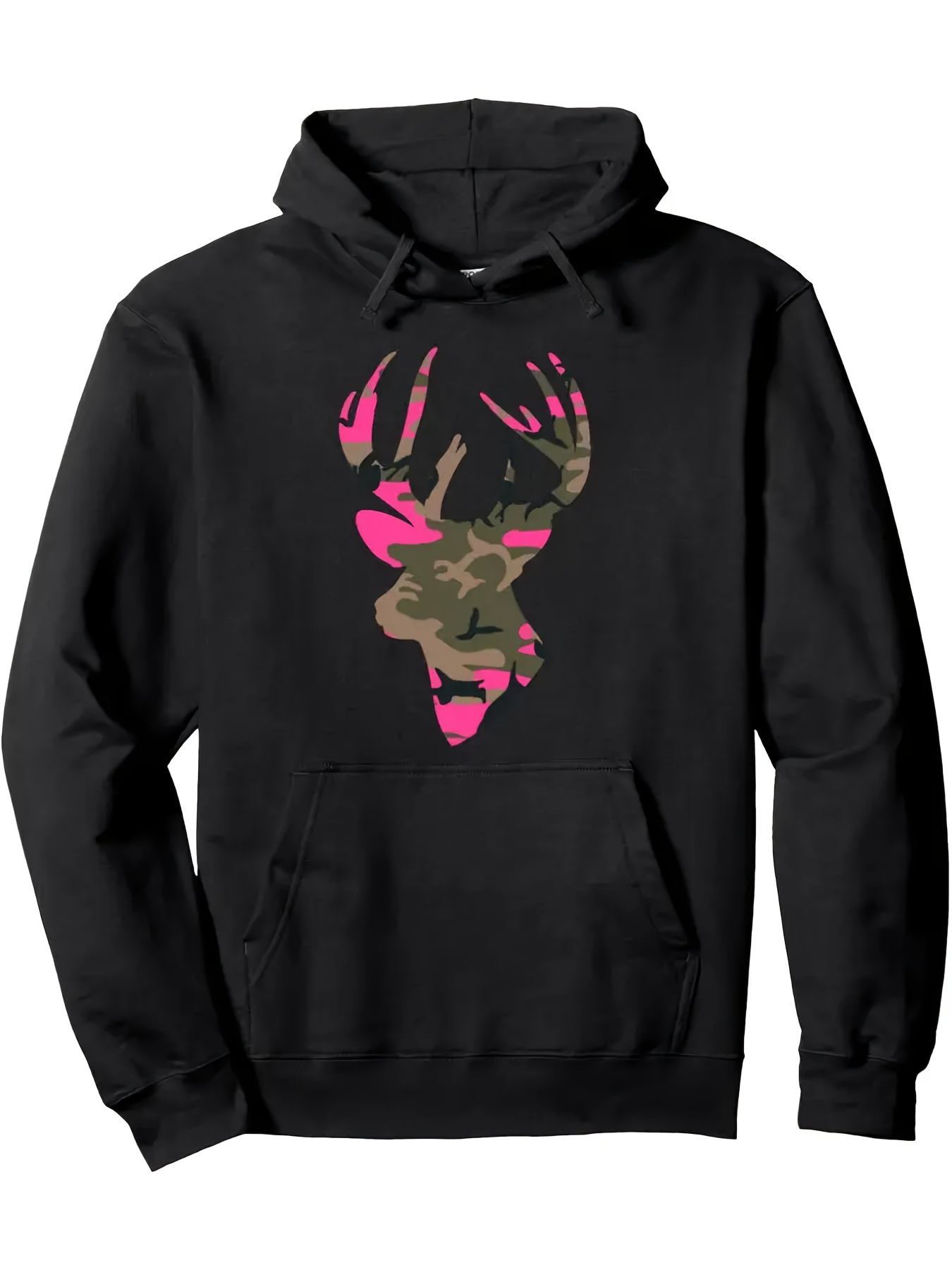 Tailorly Men's Printed Hoodie - Vibrant Pink Accents Among Camouflage Silhouette Majestic Deer