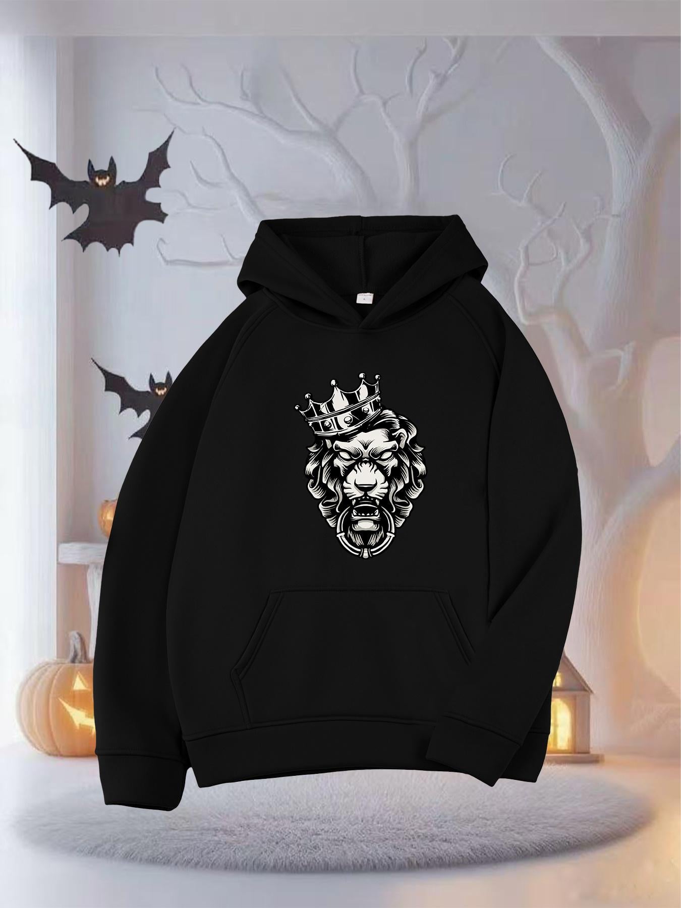 Tailorly Women's Printed Hoodie - Royal Ferocious Lion With Detailed Crown Surrounded By Dramatic Shadows Hoodie