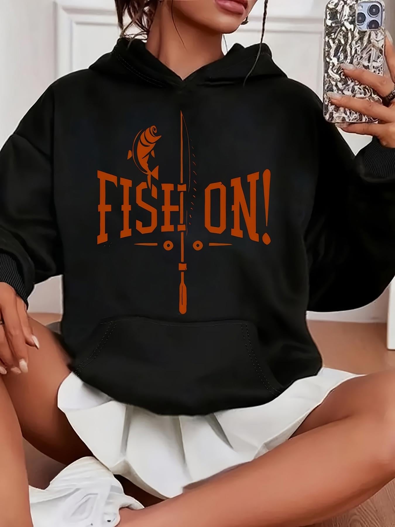 Tailorly Women's Printed Hoodie - Fish On With Fishing Rod And Hook Under Orange Letters