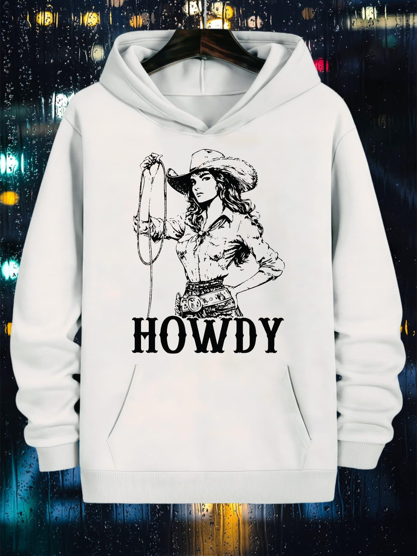Tailorly Men's Printed Hoodie - Howdy Western Style Woman Holding Cowboy Lasso Under Night Lights