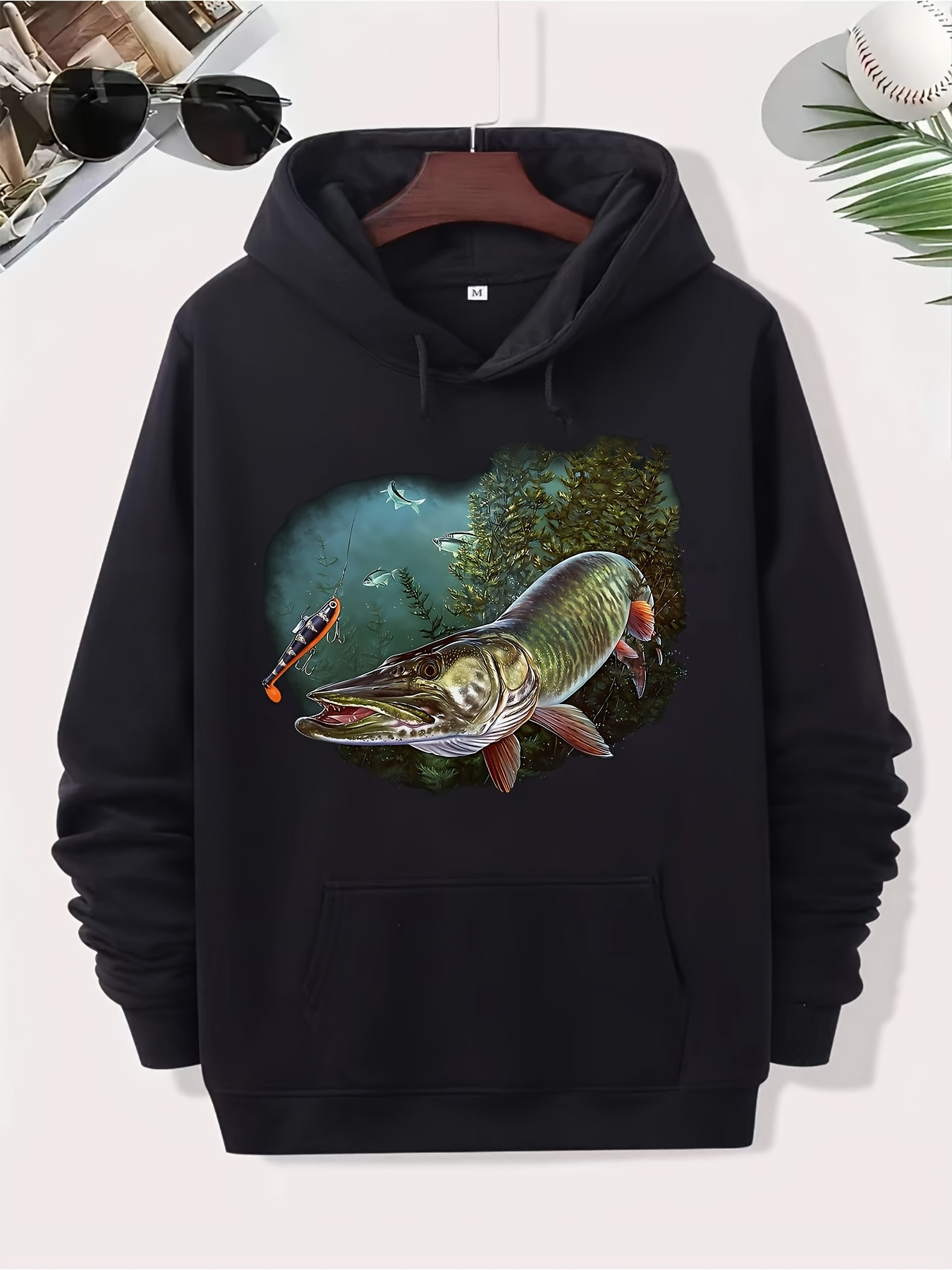 Tailorly Men's Printed Hoodie - Underwater Scene With Fishing Lure Swimming Among Vibrant Mossy River Pike