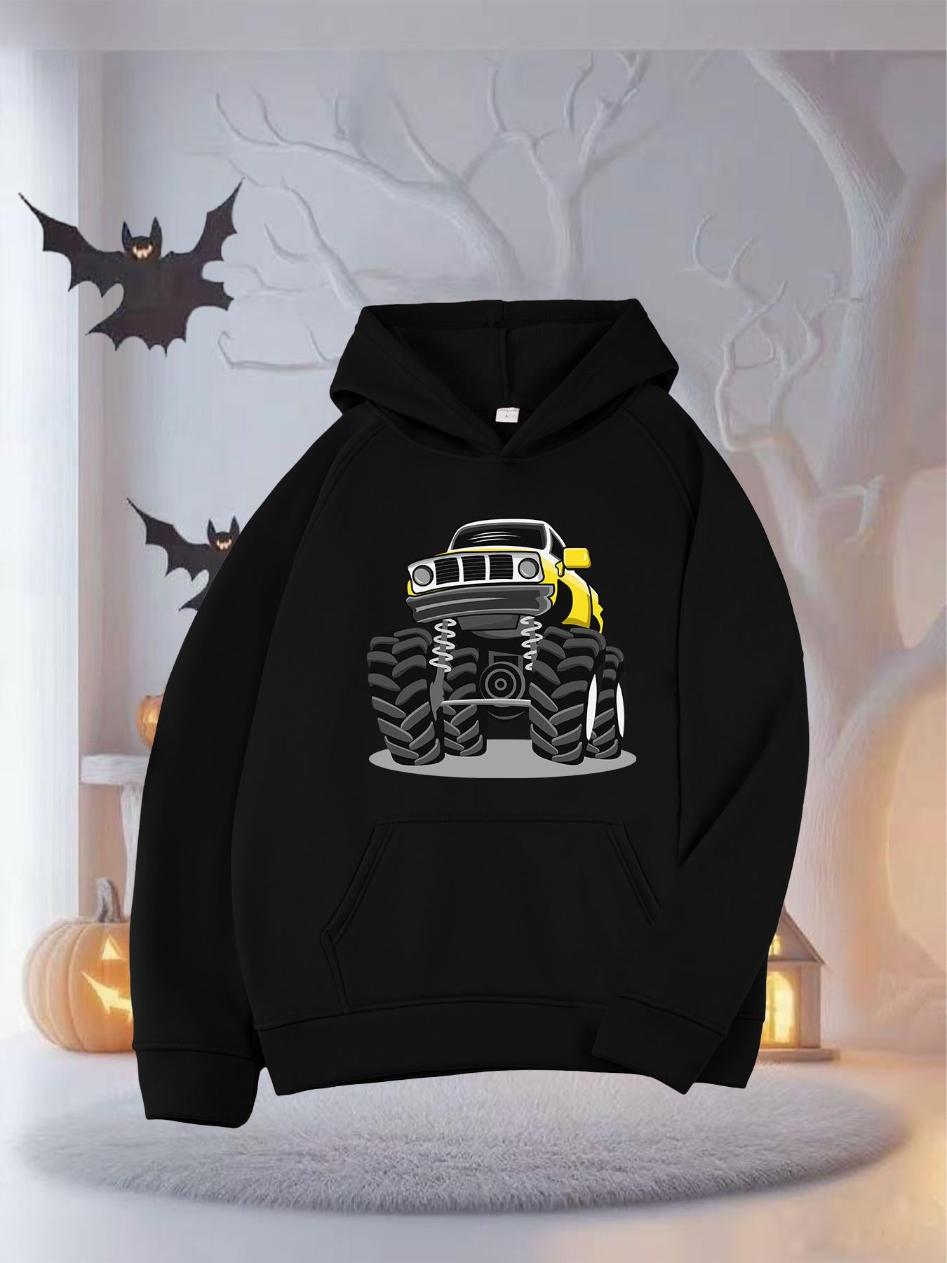 Tailorly Women's Printed Hoodie - Large Off Road Wheels Under Bright Yellow Light Monster Truck