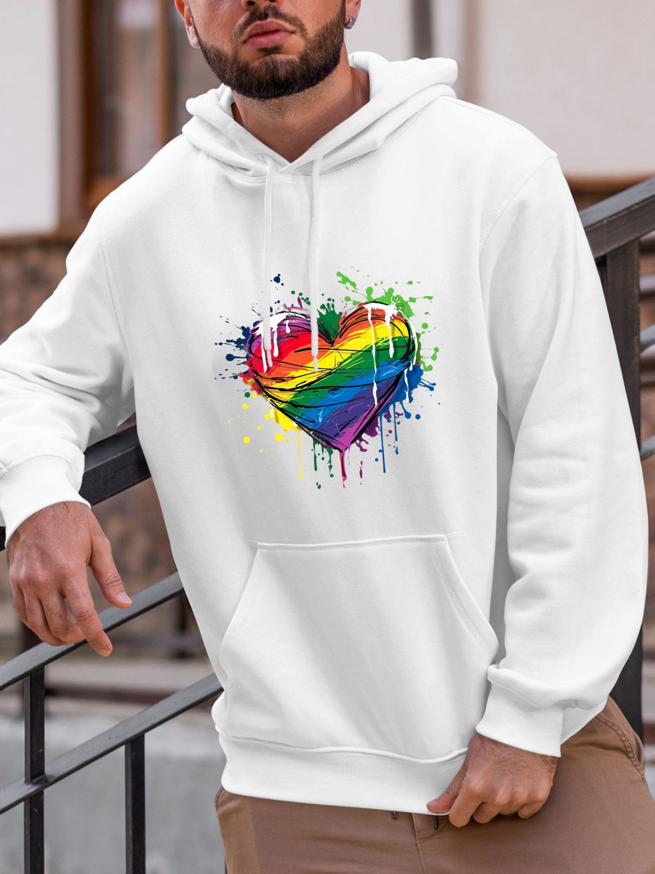 Tailorly Men's Printed Hoodie - Vivid Rainbow Paint Dripping Heart With Colorful Splashes