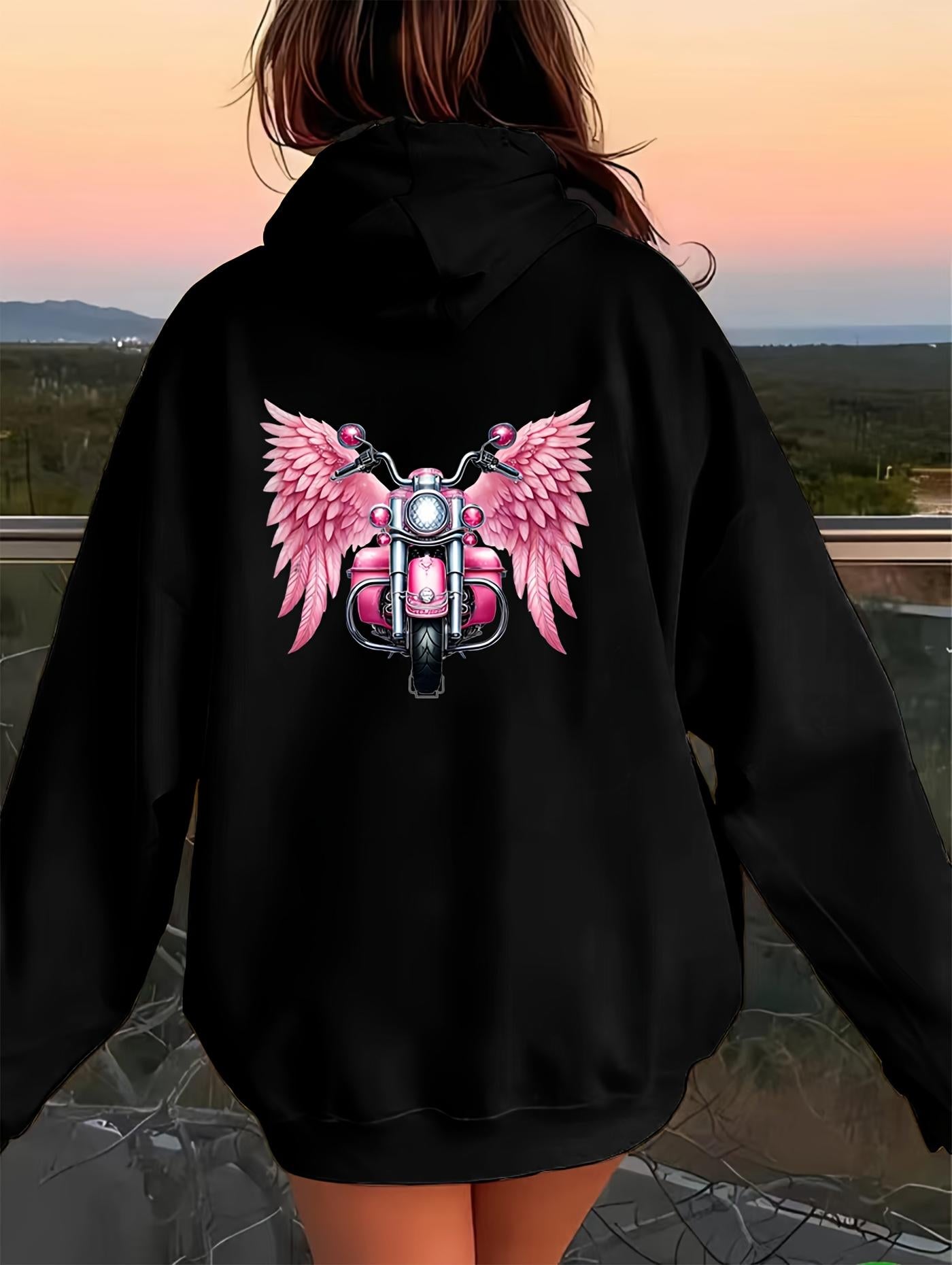 Tailorly Women's Printed Hoodie - Twilight Sky With Pink Angel Wings Motorcycle