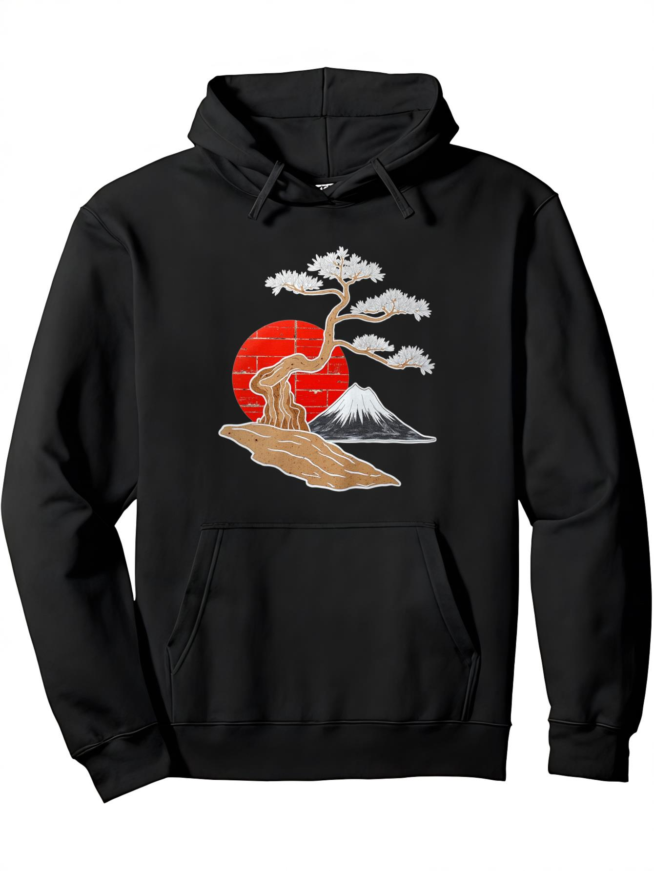 Tailorly Men's Printed Hoodie - Majestic Bonsai Tree And Red Sun Beside Distant Snow Capped Mountain