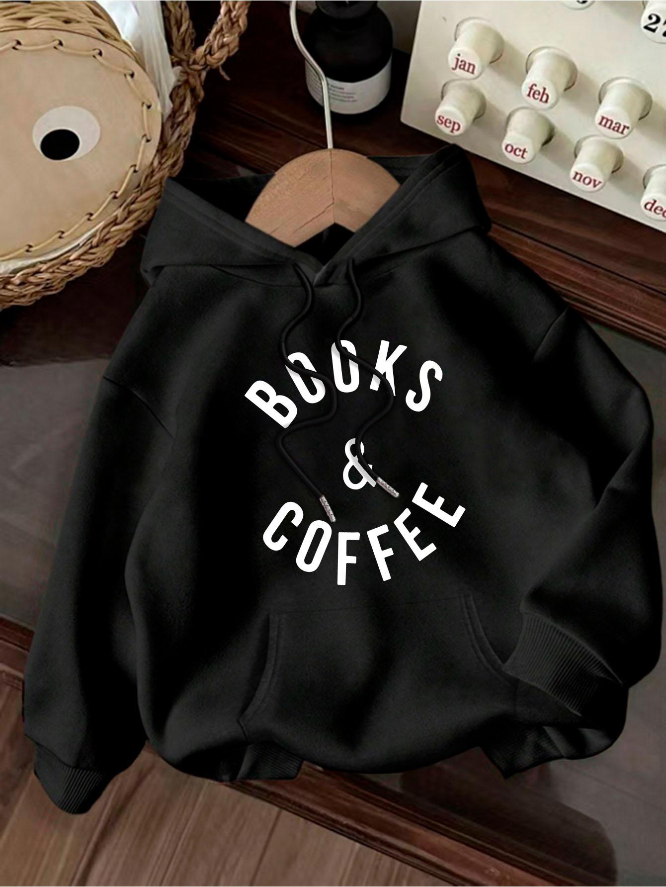 Tailorly Women's Printed Hoodie - Books And Coffee Minimal Typography Design With Cozy Black Hoodie