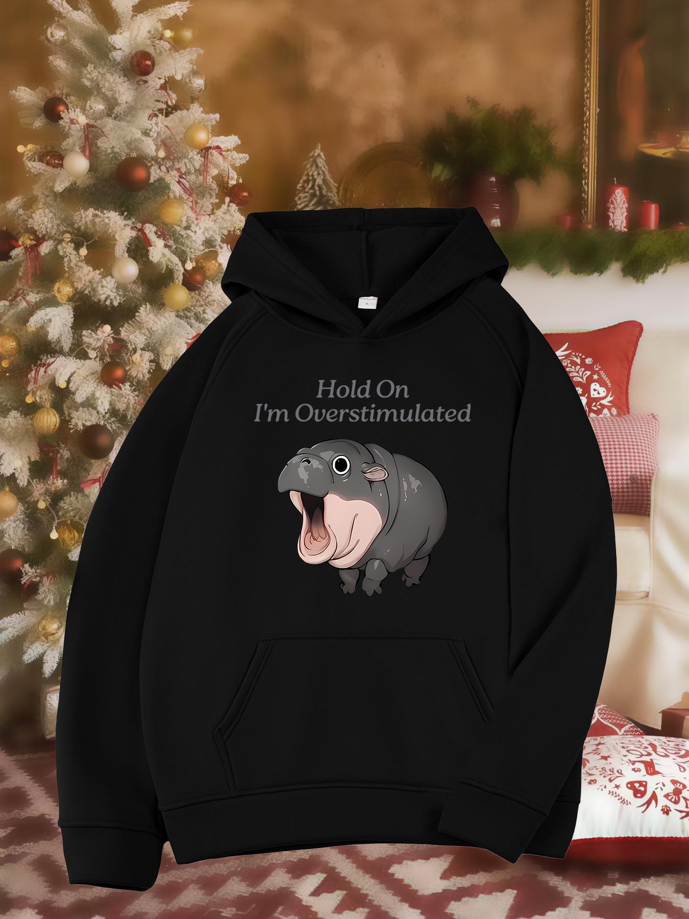 Tailorly Women's Printed Hoodie - Hold On Im Overstimulated Cartoon Hippo Under Cozy Indoor Lighting