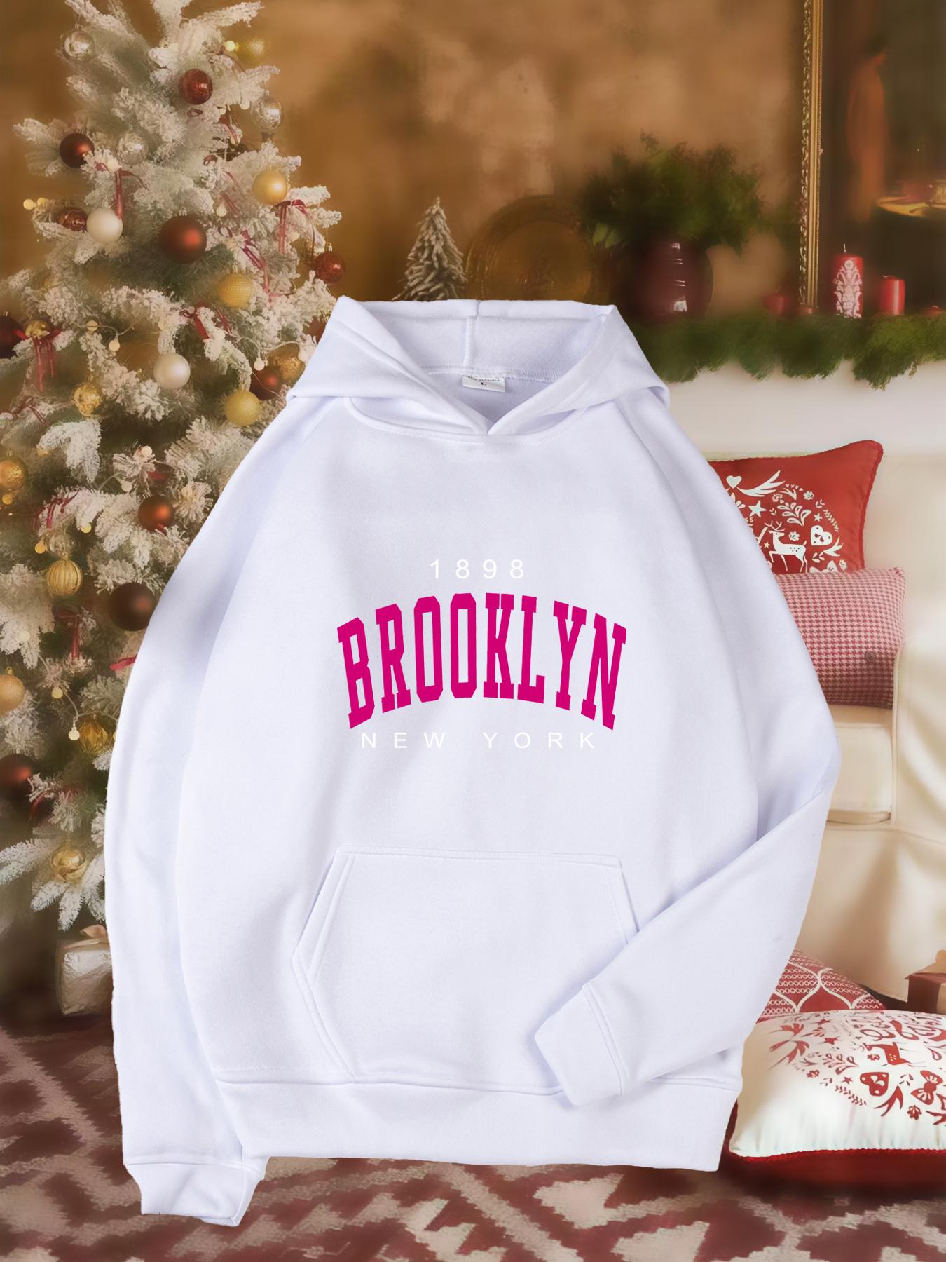Tailorly Women's Printed Hoodie - Brooklyn Bold Letters Over Casual Urban White Hoodie