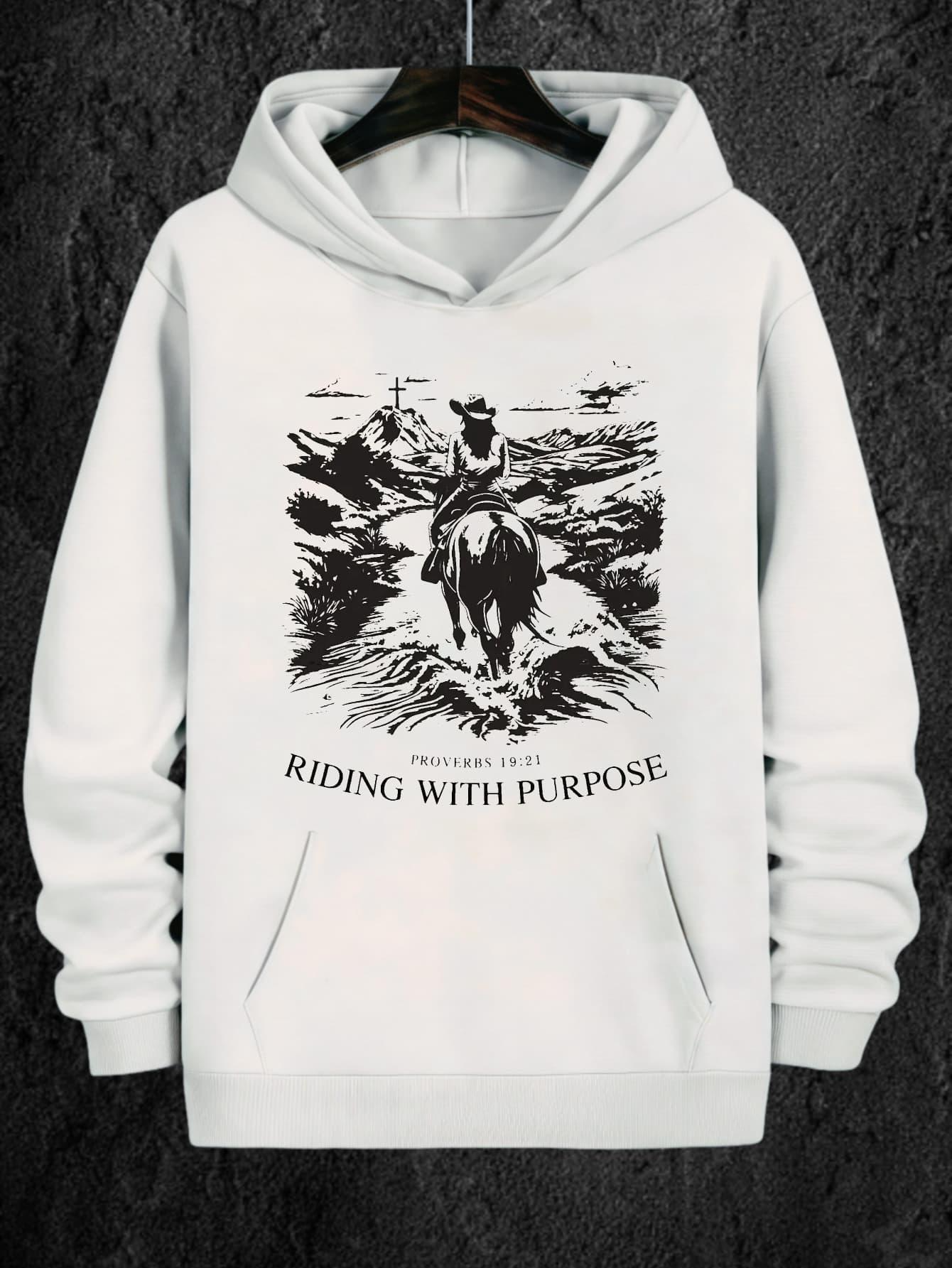 Tailorly Men's Printed Hoodie - Riding With Purpose Cowboy On Rugged Trail Under Sky With Cattle Mountains Horse