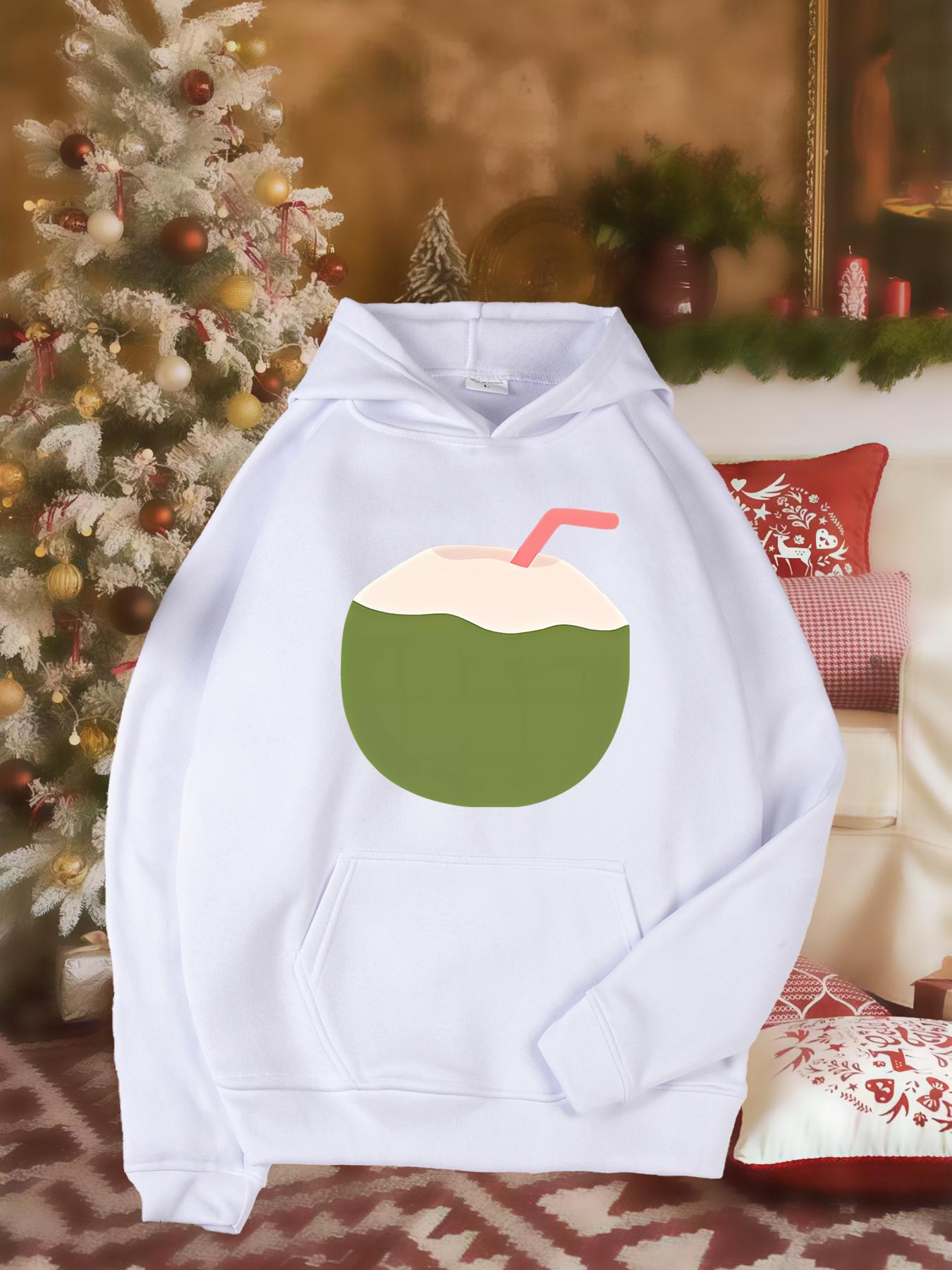 Tailorly Women's Printed Hoodie - Refreshing Coconut Drink With Pink Straw And White Creamy Top Coconut