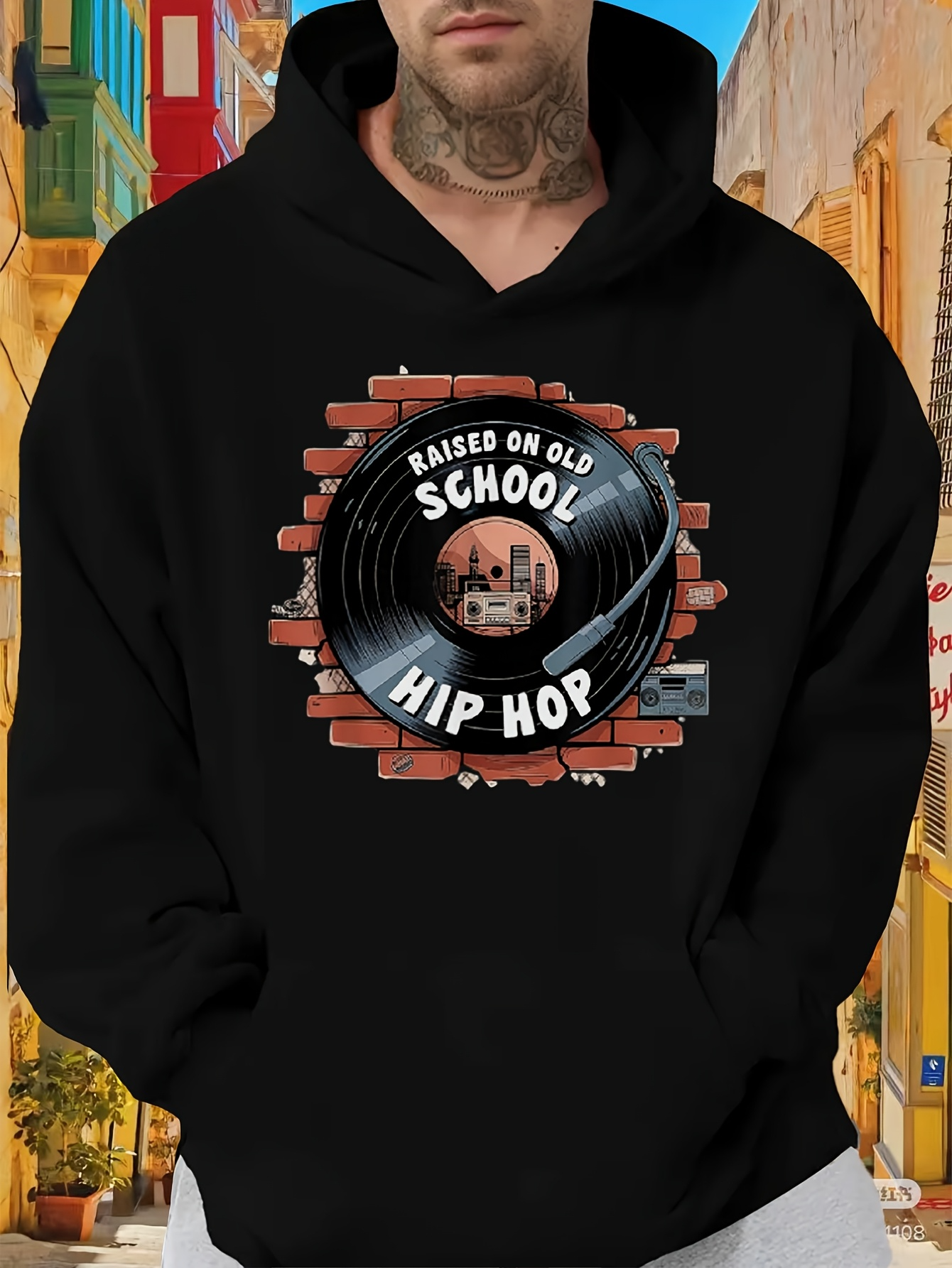Tailorly Men's Printed Hoodie - Raised On Old School Hip Hop With Bricks Vinyl Wall Graffiti Microphone