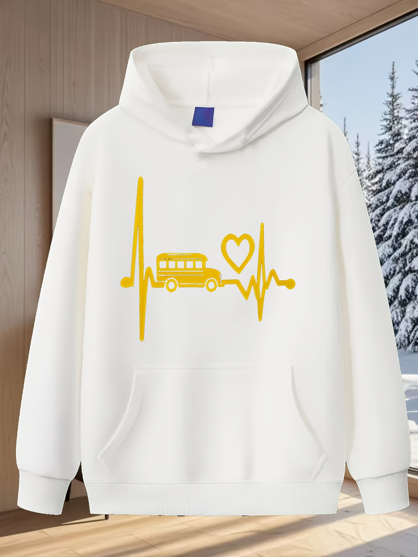 Tailorly Men's Printed Hoodie - Heartbeat Pulse Line With Yellow Bus And Heart Symbol