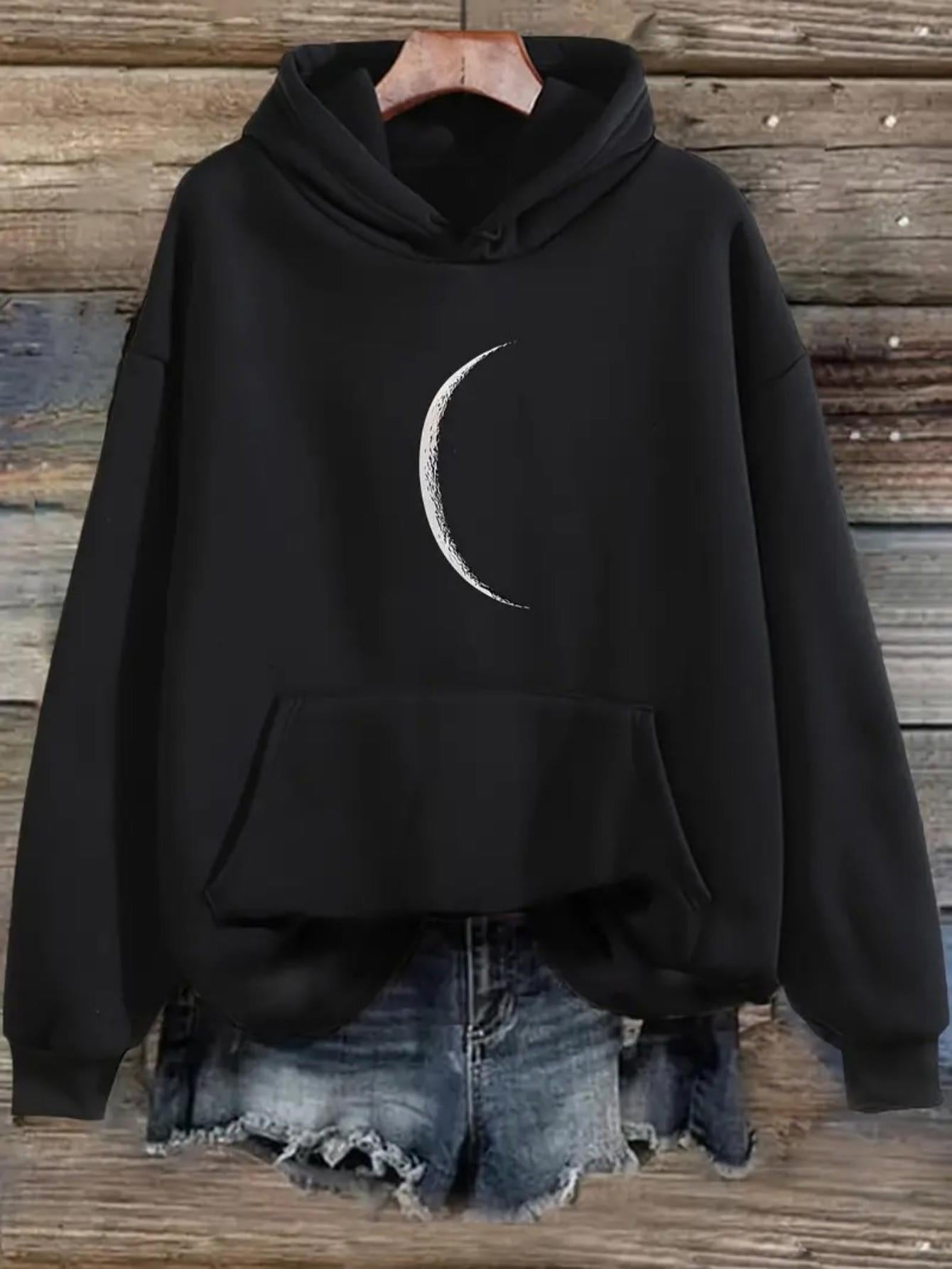 Tailorly Women's Printed Hoodie - Night Sky Minimalist Crescent Illuminated Gently On Black Hoodie Crescent Moon