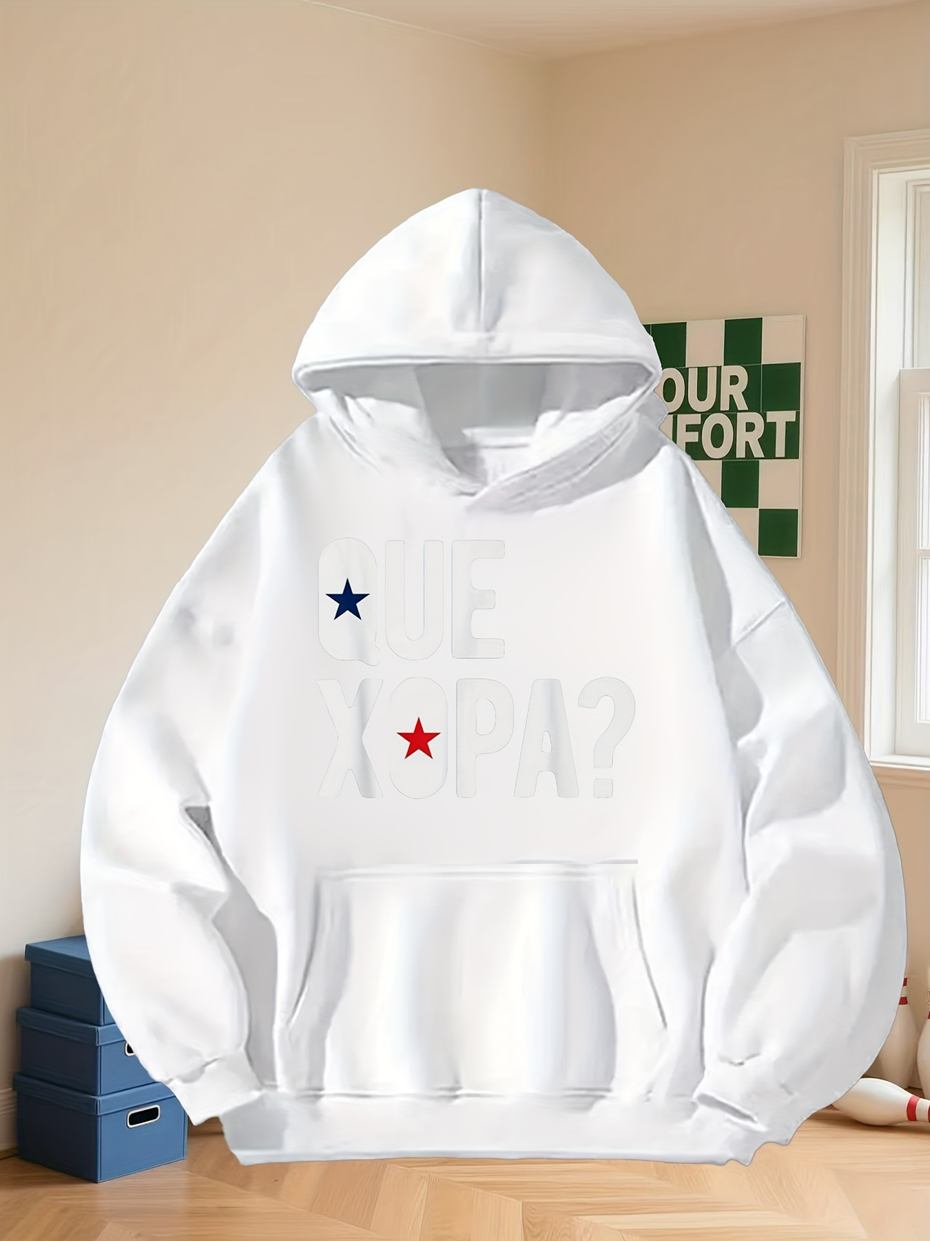 Tailorly Men's Printed Hoodie - Faded Lettering And Two Colorful Star Shapes Hoodie