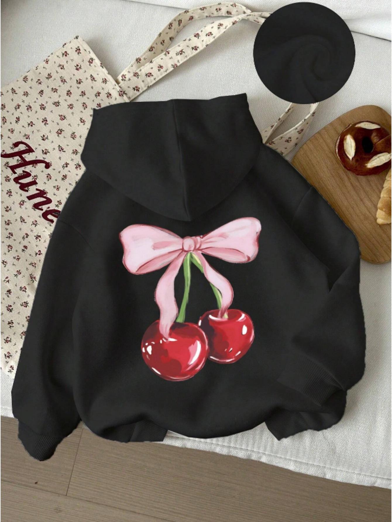 Tailorly Women's Printed Hoodie - Glossy Red Cherries Hanging Below Pink Ribbon Bow Cherry