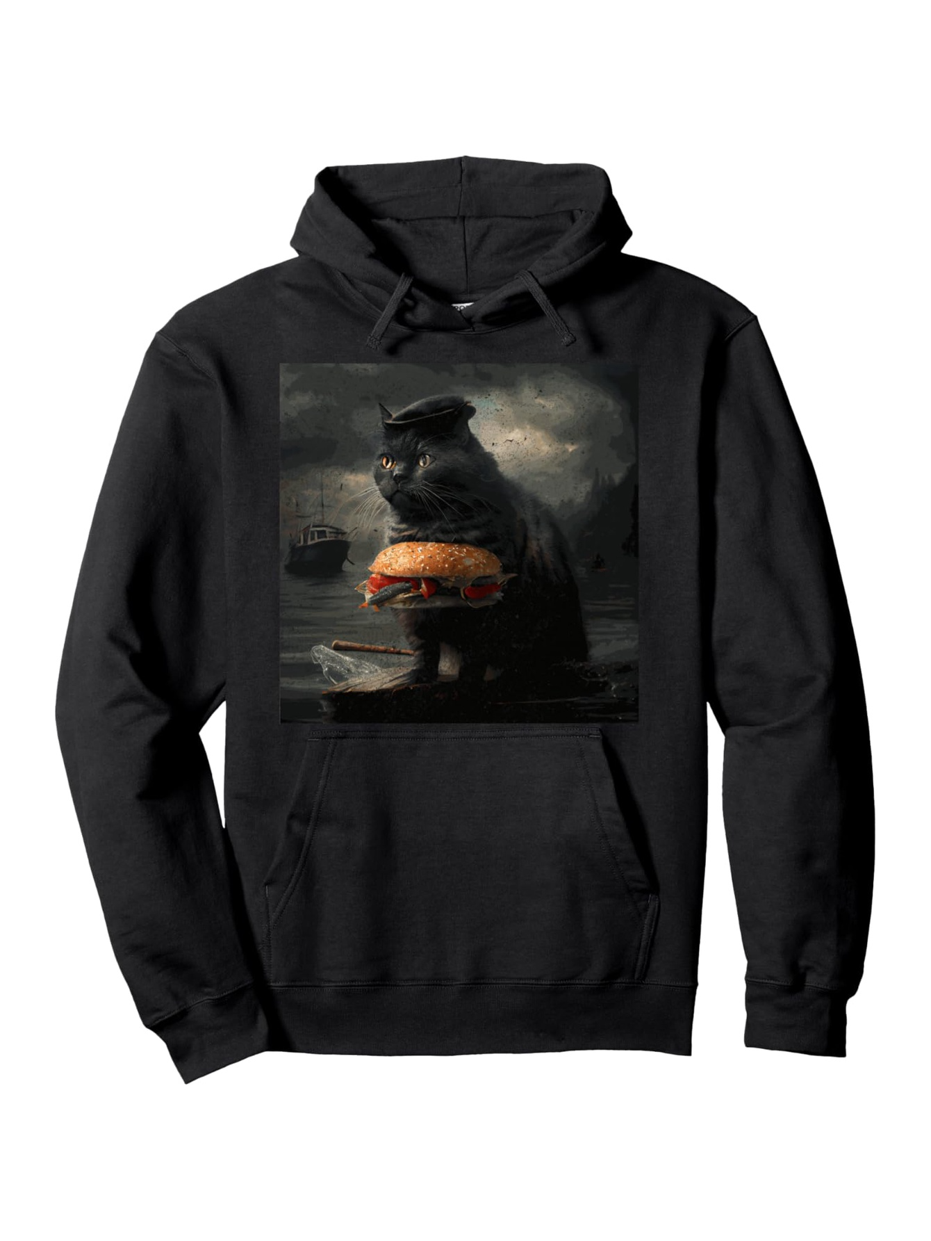 Tailorly Men's Printed Hoodie - Stormy Harbor With Large Burger Held By Cat