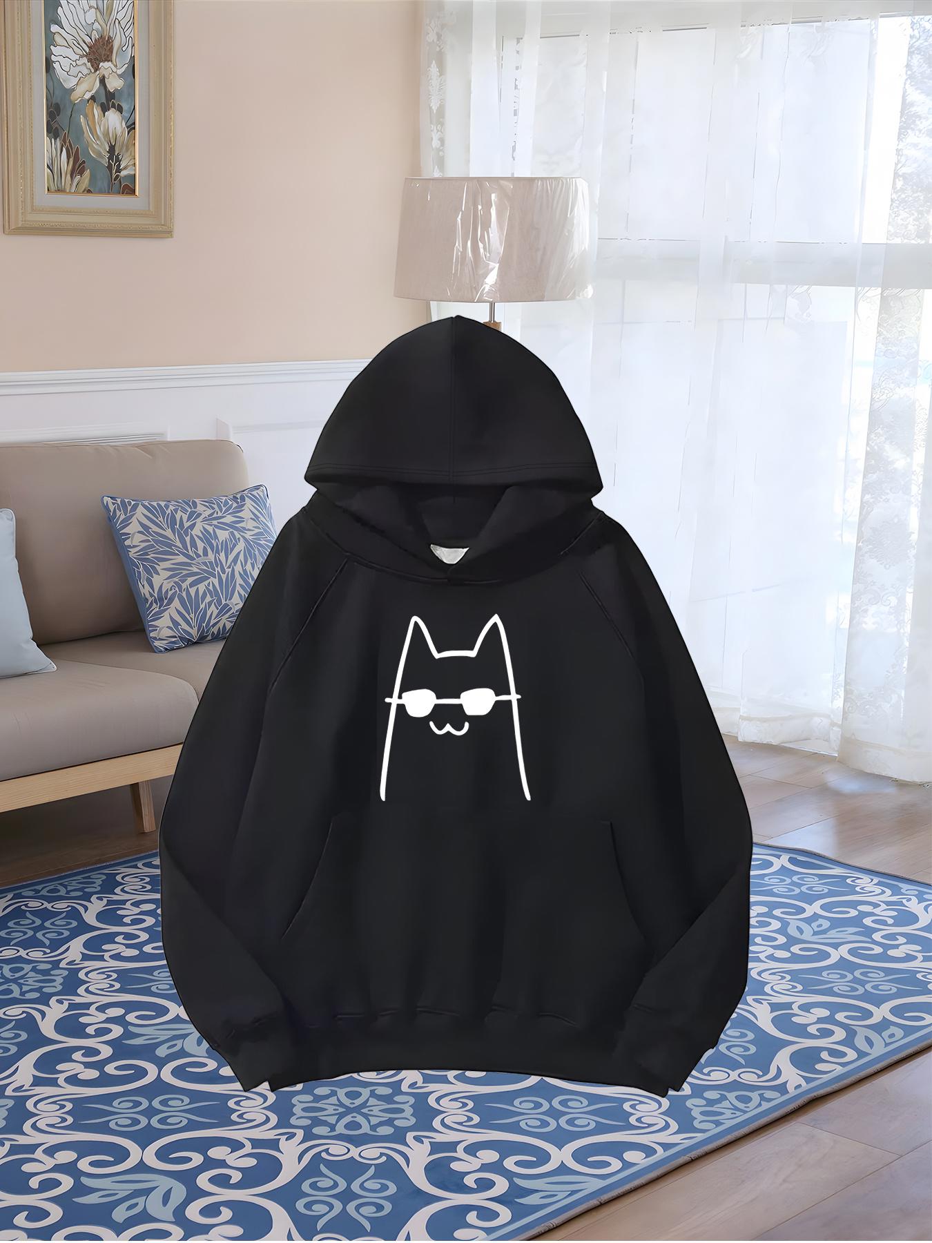 Tailorly Women's Printed Hoodie - Minimalist Line Drawing With Cool Sunglasses Wearing Cat