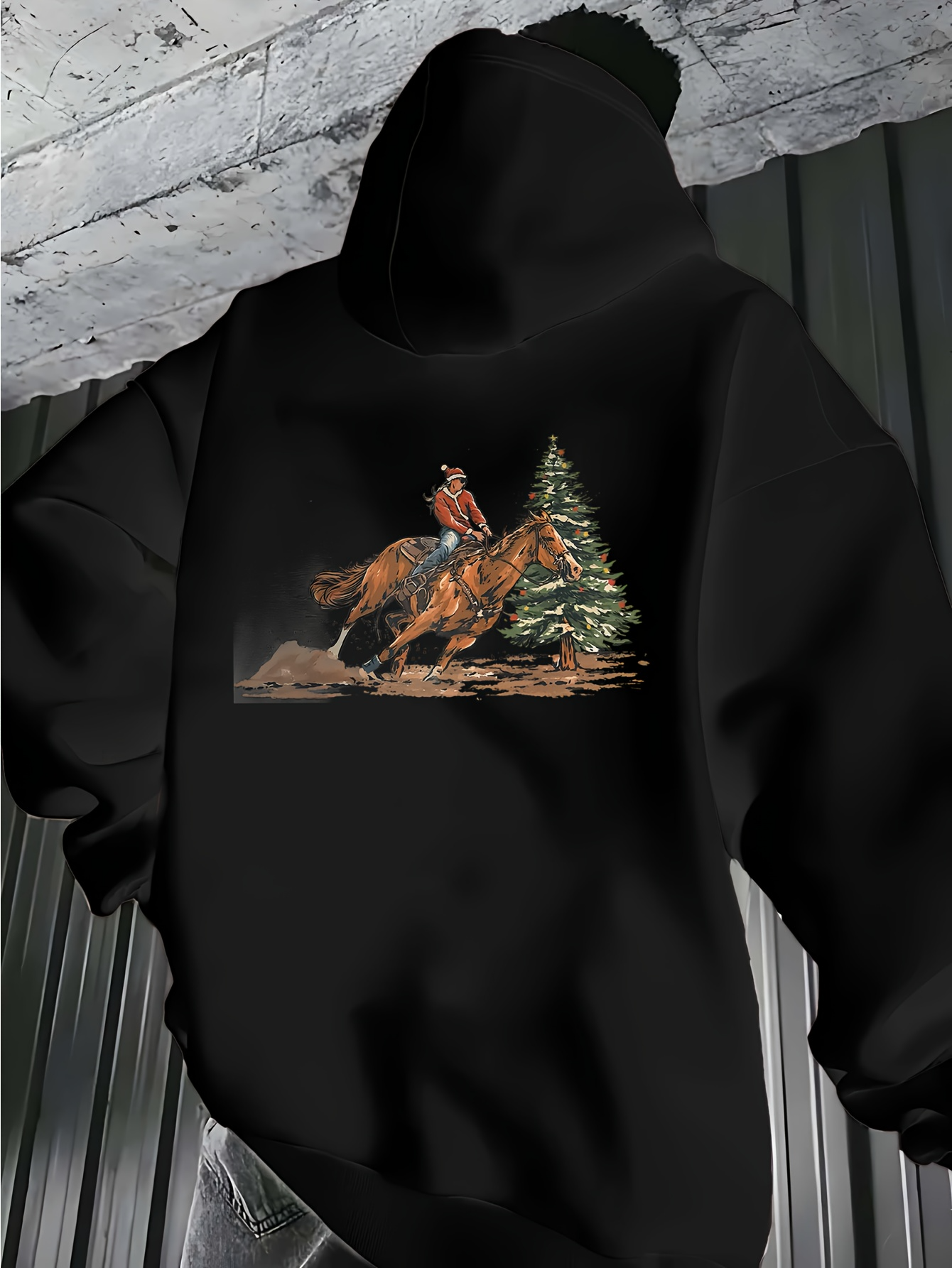Tailorly Men's Printed Hoodie - Horse Rider Racing Through Snow Beside Pine Forest Under Wintry Sky Horse