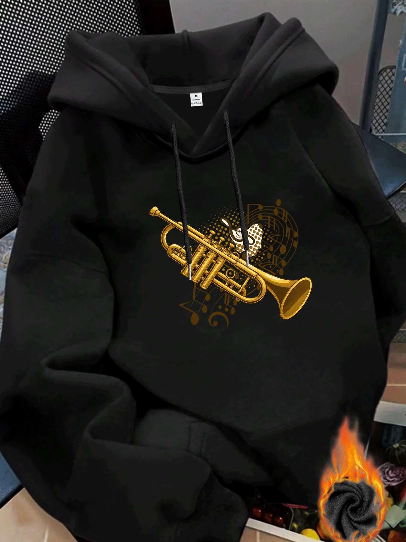 Tailorly Women's Printed Hoodie - Golden Brass Instrument With Vintage Music Notes And Glowing Patterns Trumpet