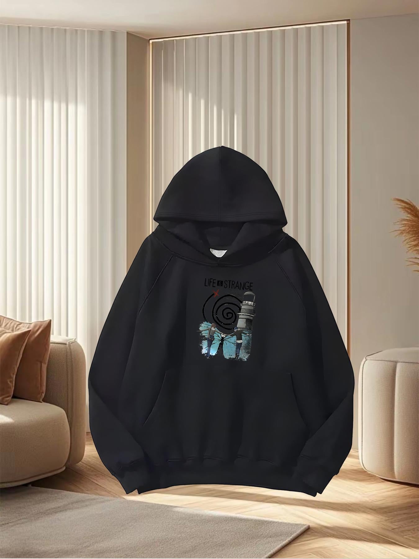 Tailorly Women's Printed Hoodie - Abstract Geometric Shapes With Blue Accents On Black Hoodie