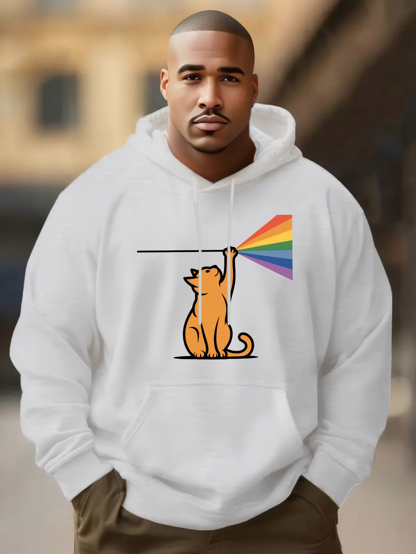 Tailorly Men's Printed Hoodie - Colorful Rainbow Light Beam Painted By Playful Orange Cat