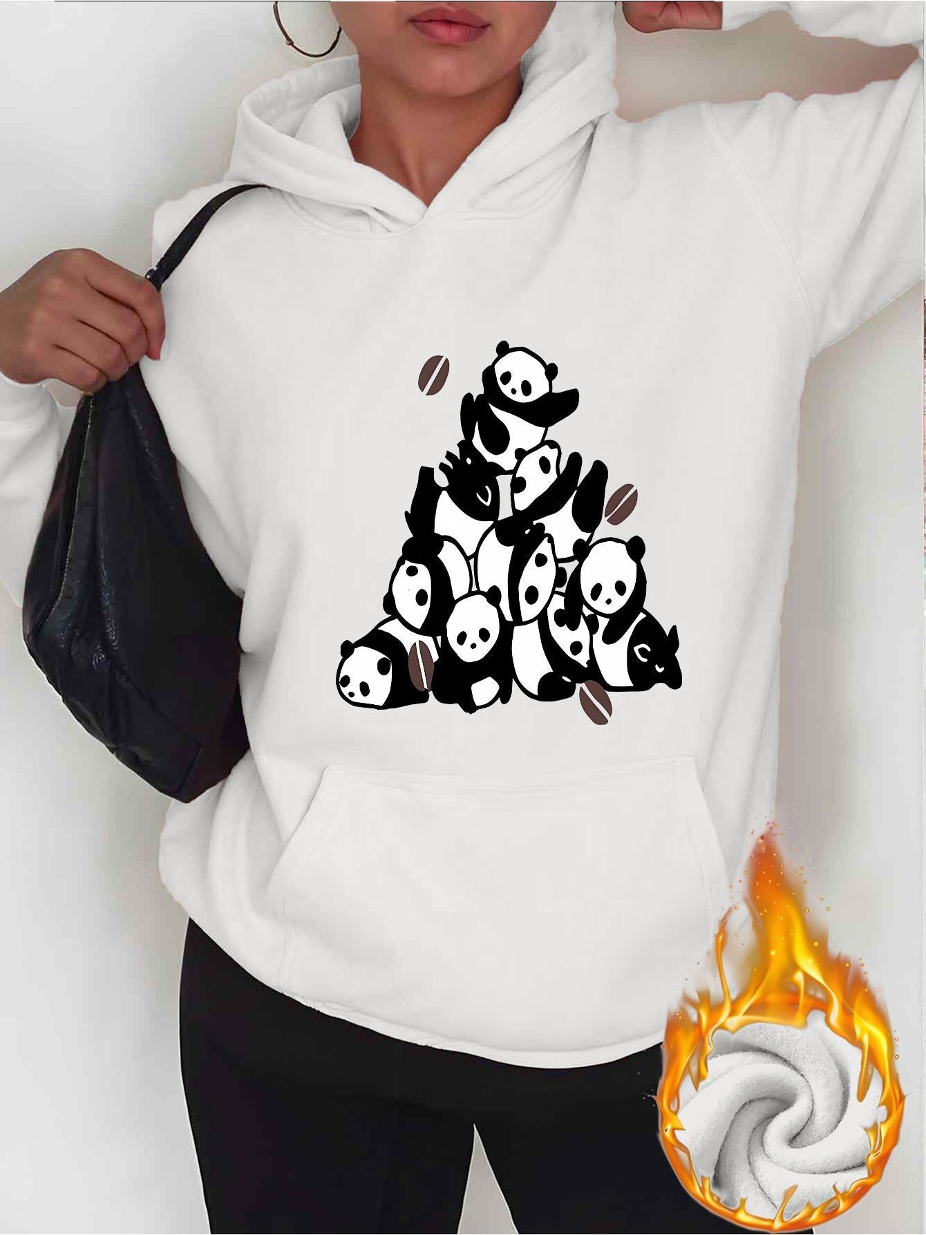 Tailorly Women's Printed Hoodie - Playful Panda Group Stacked Together Surrounded By Cute Coffee Beans Panda