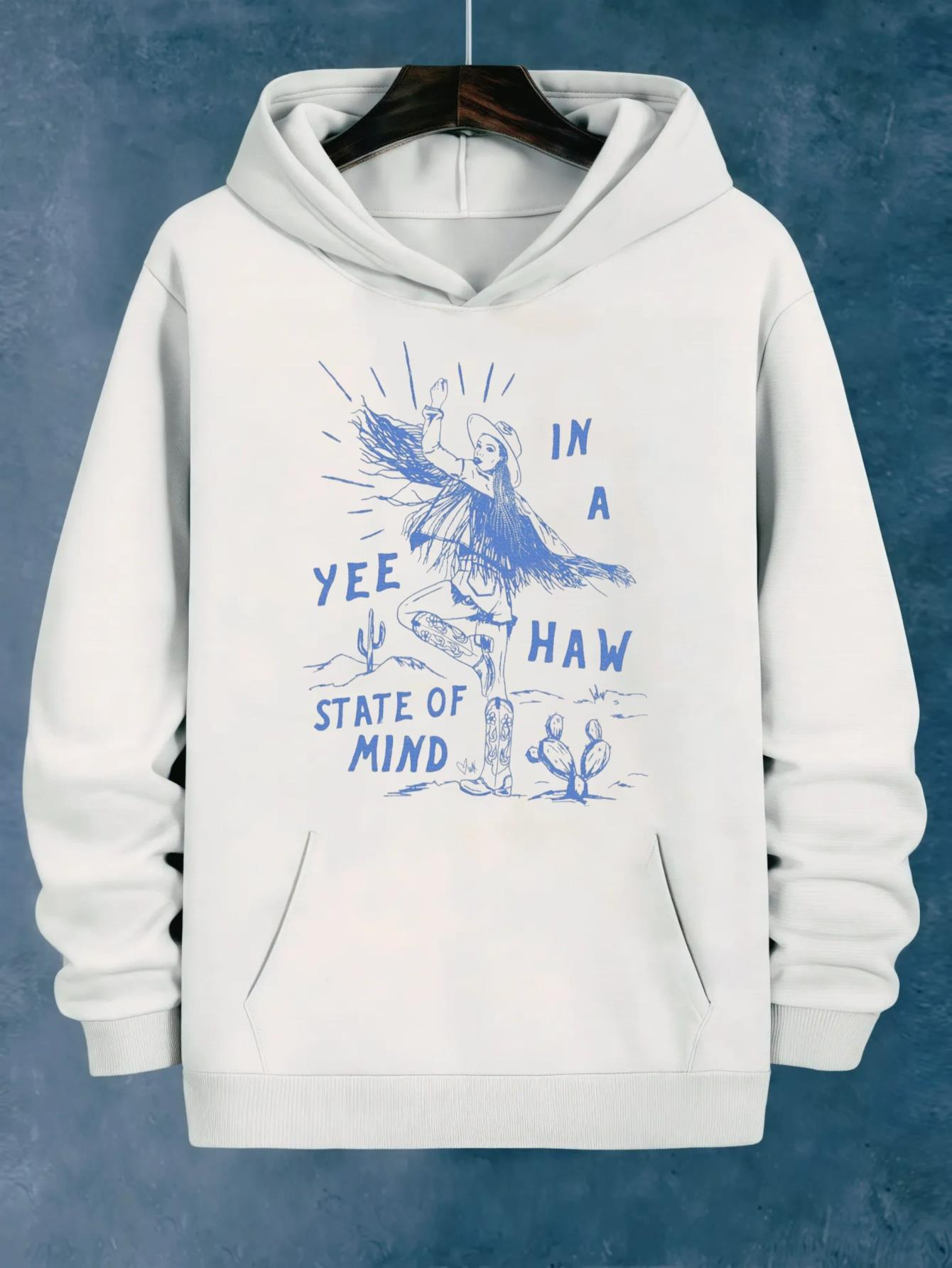 Tailorly Men's Printed Hoodie - In A Yee Haw State Of Mind With Cactus Sketch And Dancing Cowboy